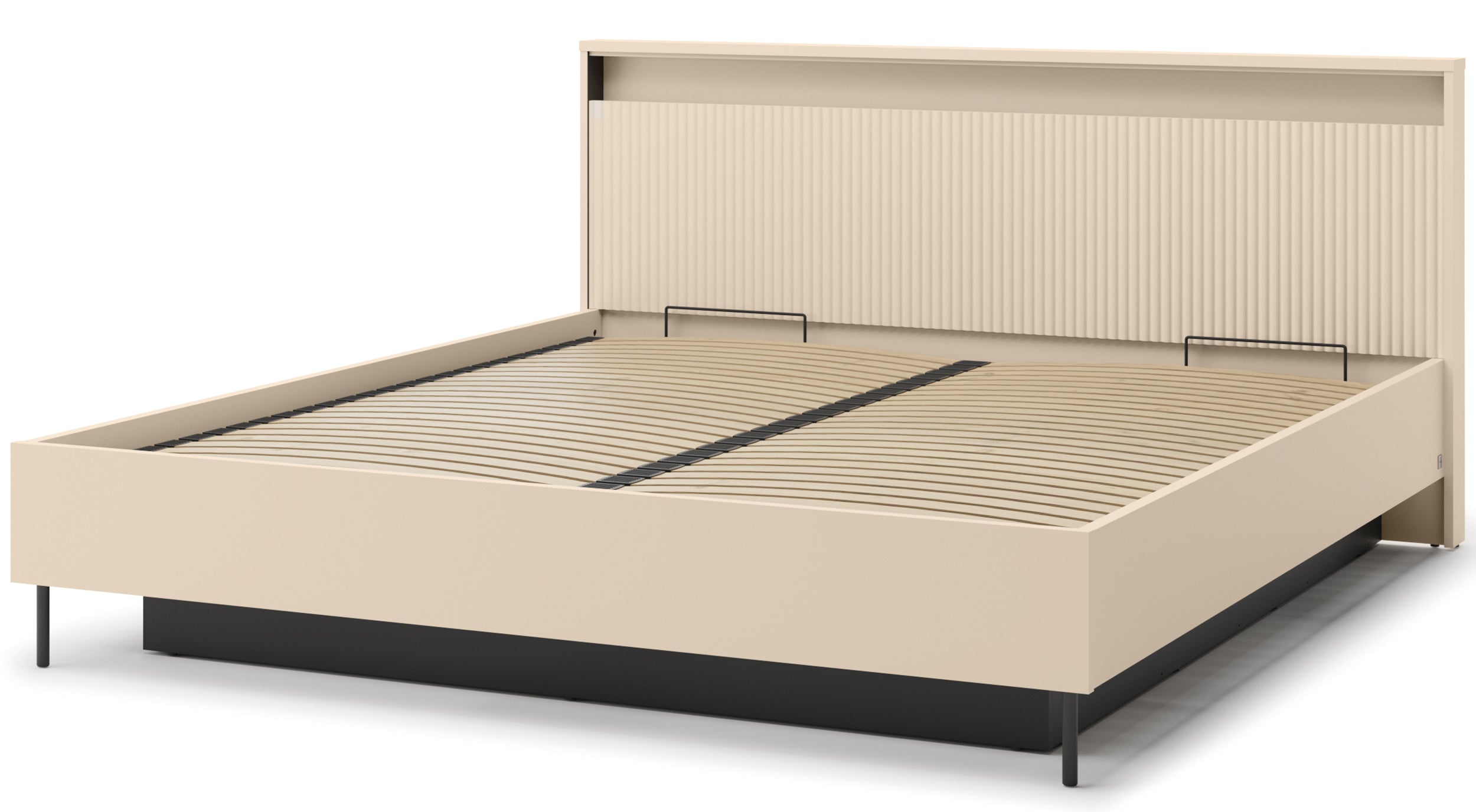 Trend-Bett 180x200 cm, gerillt, mit Stauraum und Beleuchtung, sandbeige / schwarz