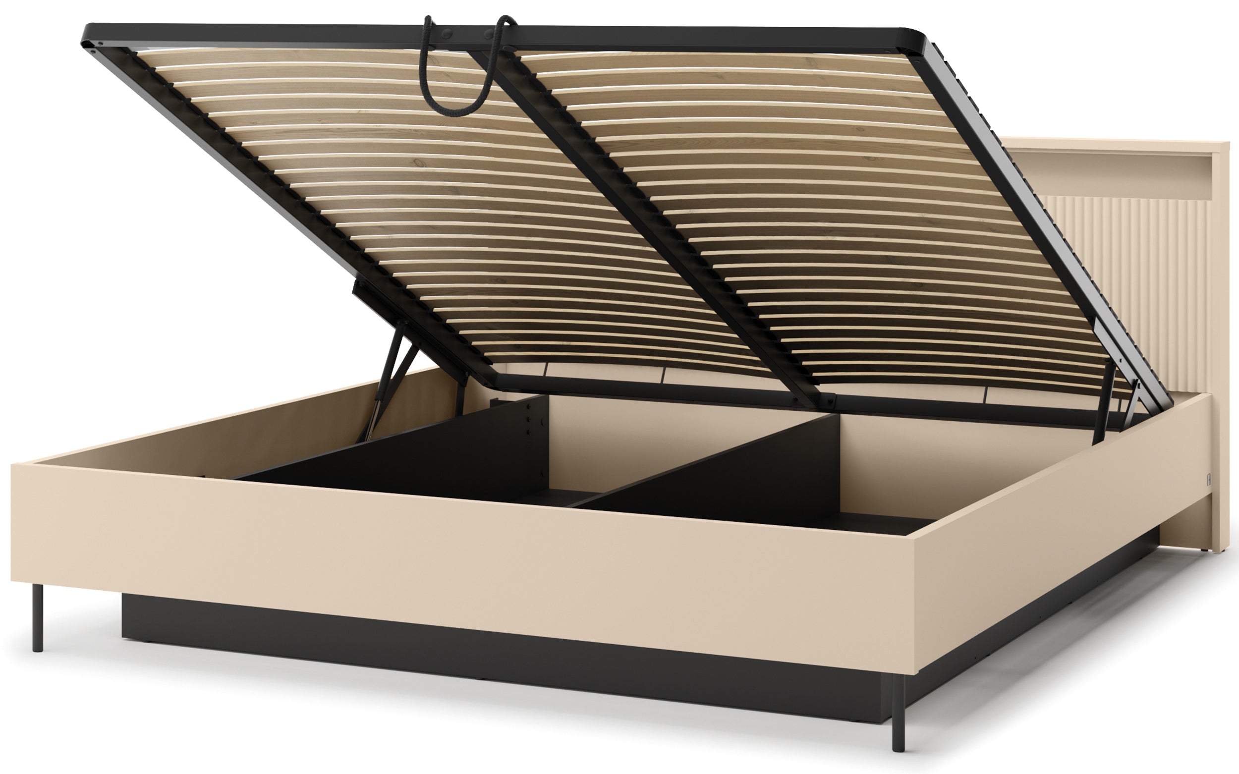 Trend-Bett 180x200 cm, gerillt, mit Stauraum und Beleuchtung, sandbeige / schwarz