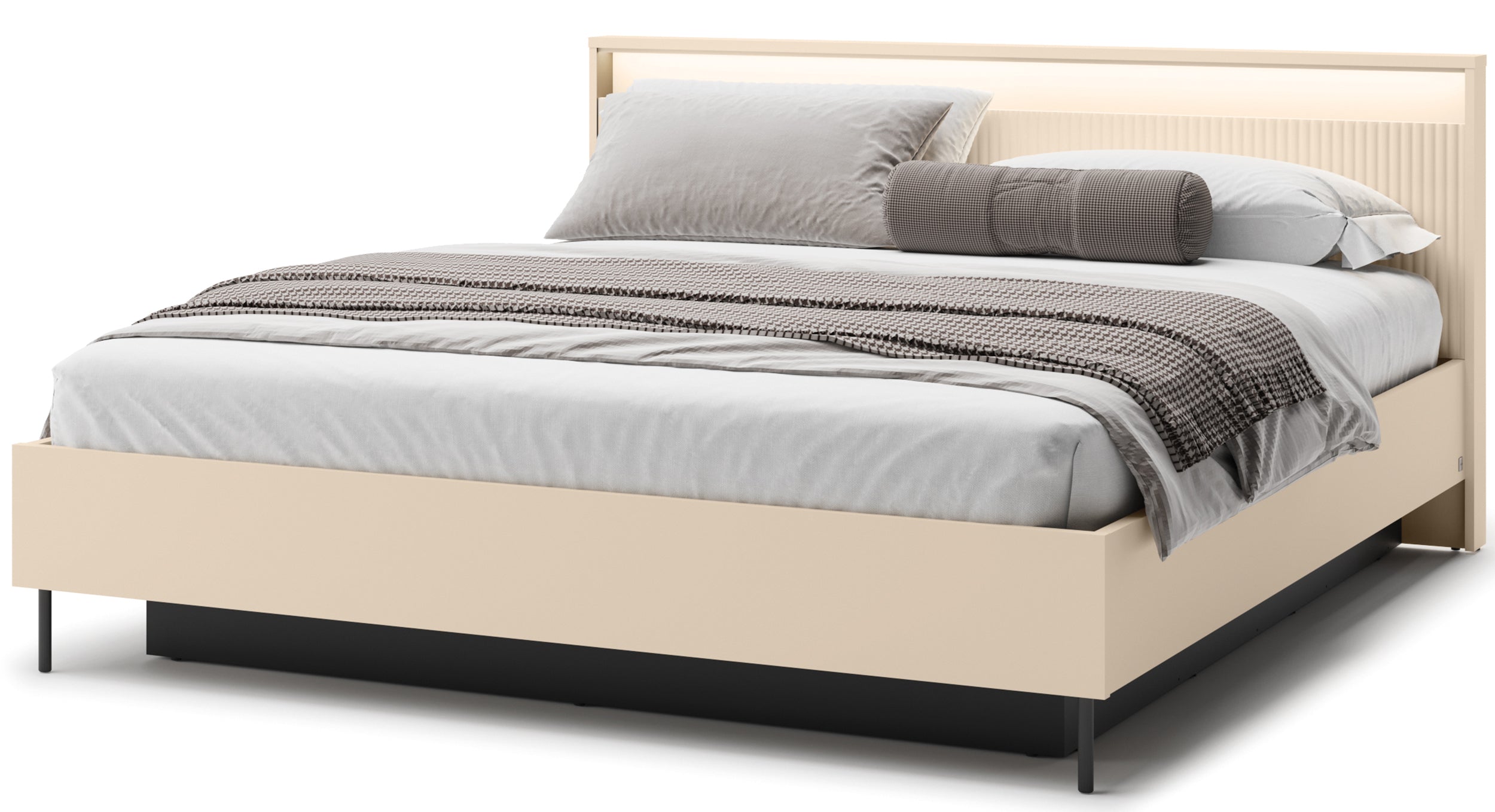 Trend-Bett 180x200 cm, gerillt, mit Stauraum und Beleuchtung, sandbeige / schwarz