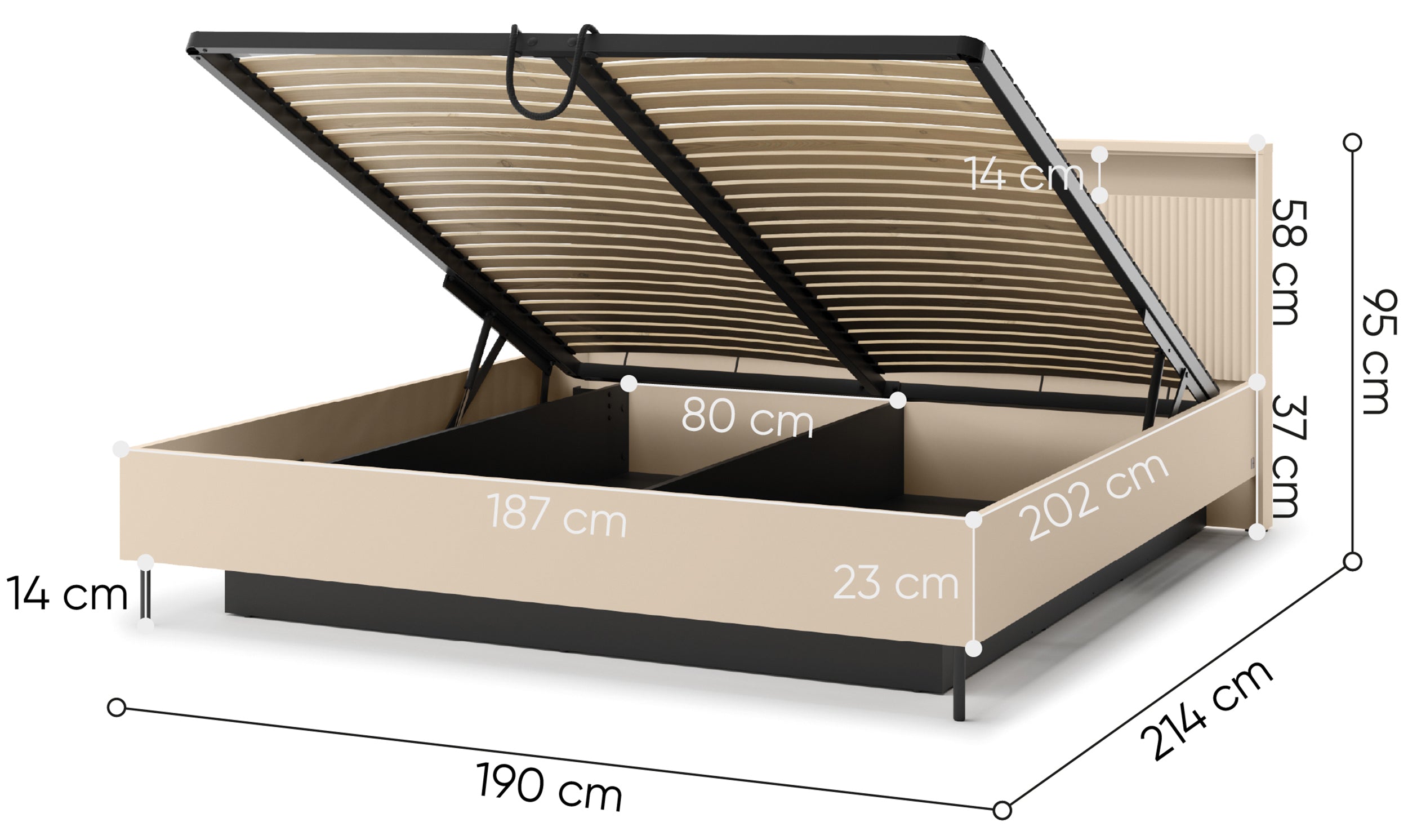 Trend-Bett 180x200 cm, gerillt, mit Stauraum und Beleuchtung, sandbeige / schwarz