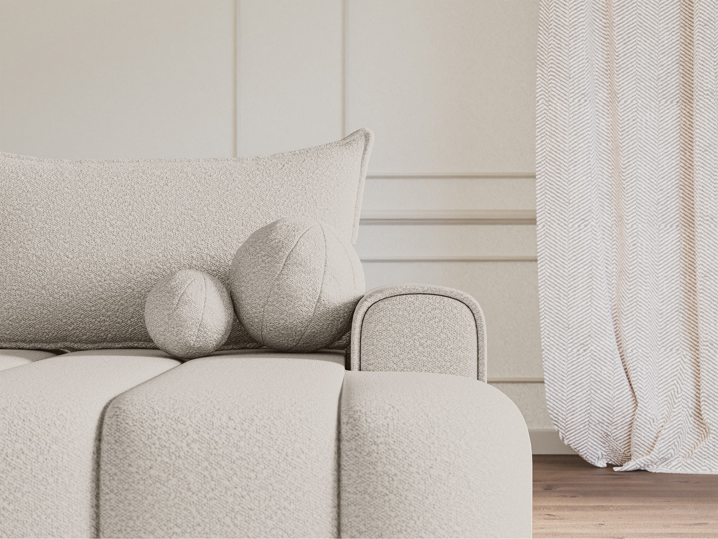 Ecksofa mit Schlaffunktion Dandelino, L-Form, rechtsseitig, mit Stauraum, cremefarbenes Bouclé