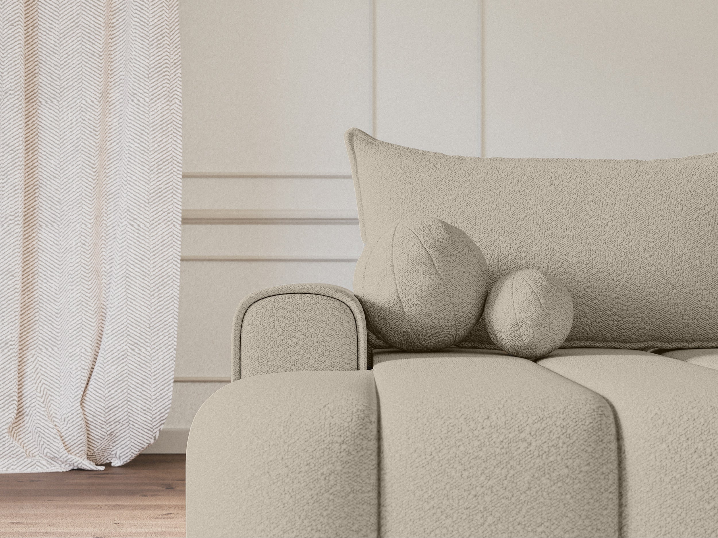 Ecksofa mit Schlaffunktion Dandelino, L-förmig, linksseitig, mit Stauraum, hellbeige Bouclé