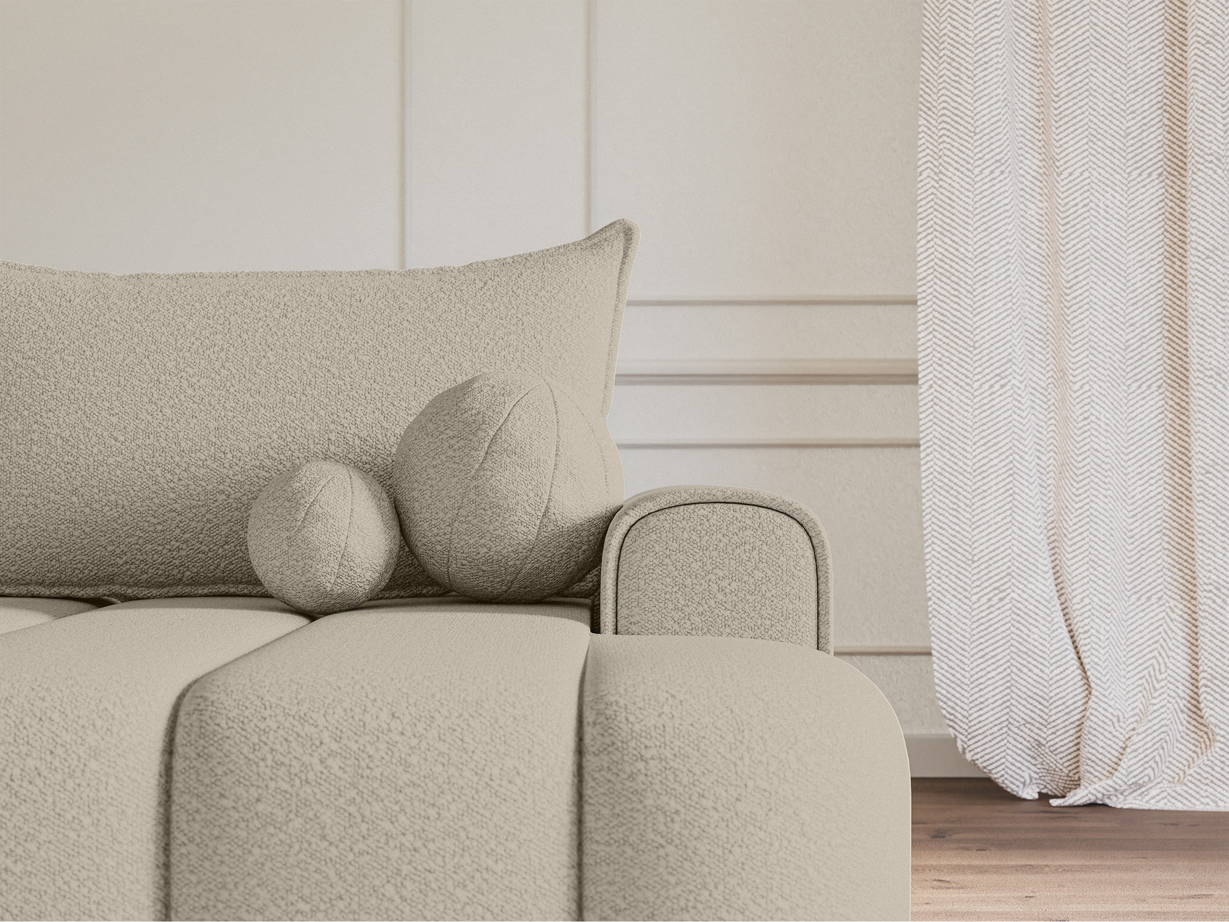 Ecksofa mit Schlaffunktion Dandelino, L-förmig, rechtsseitig, mit Stauraum, hellbeige Bouclé