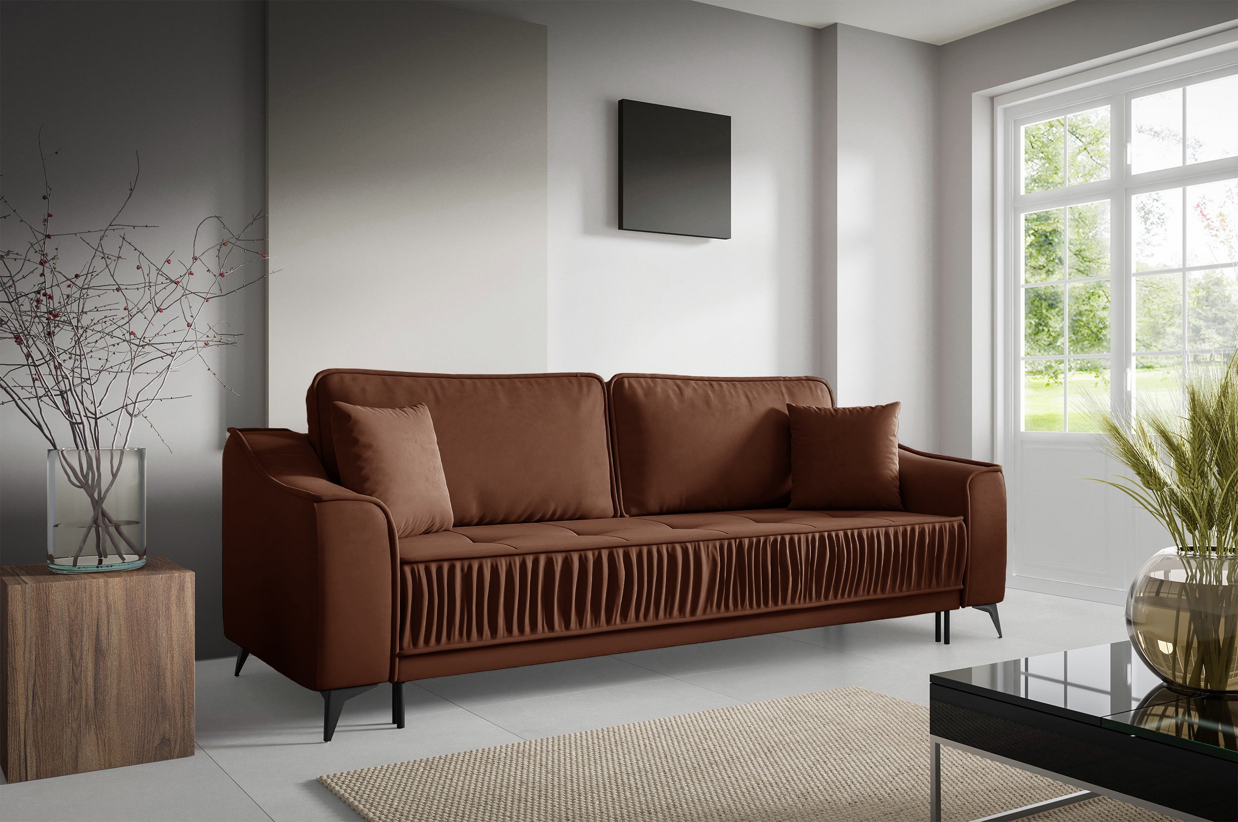 Ausziehbare Dreisitzer-Couch Louisos mit Stauraum, kupferfarbener Veloursstoff, wasserabweisend