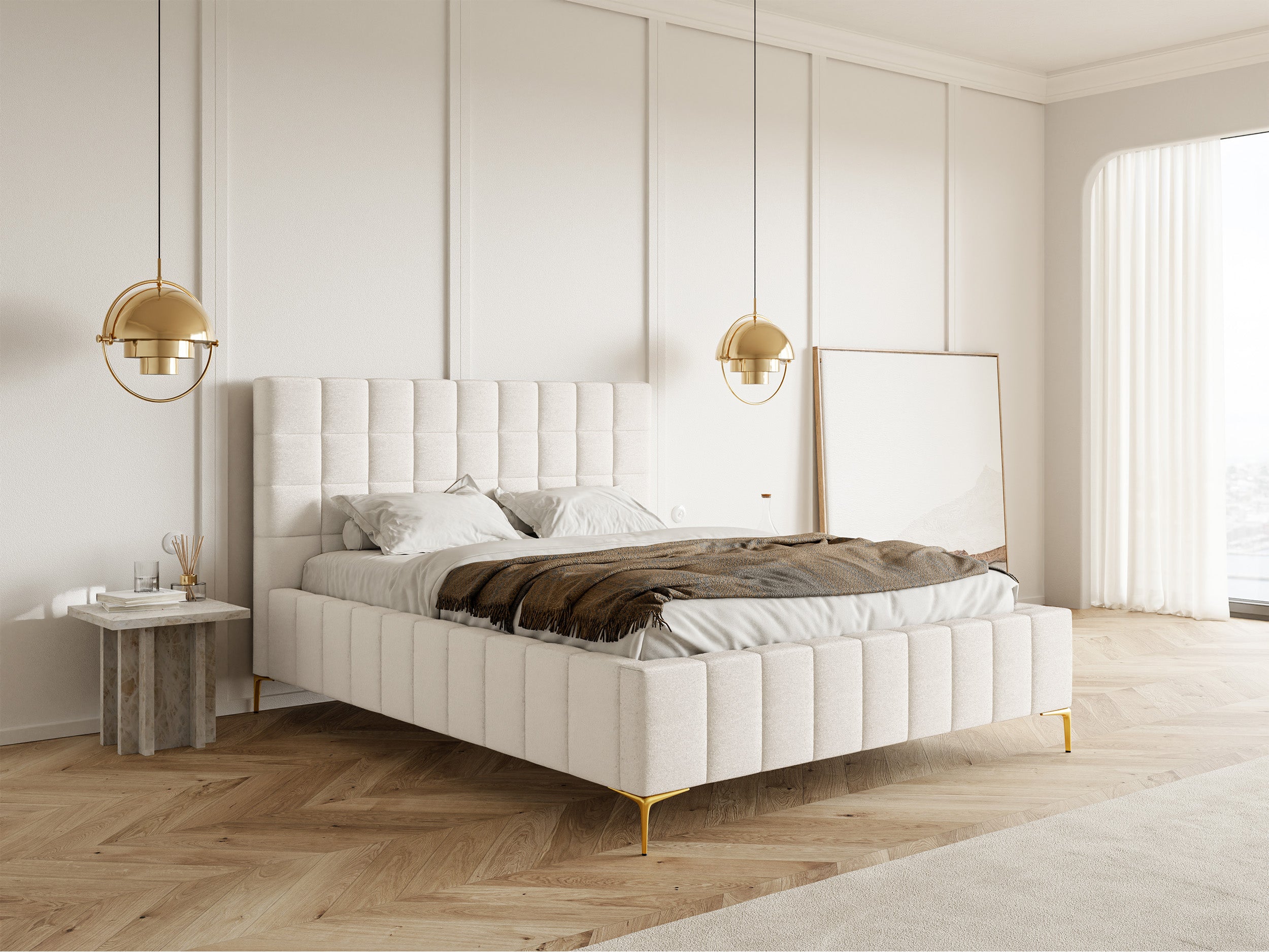 Polsterbett 140x200 cm Szejlo mit Stauraum, Metallrahmen, cremefarbener Chenillebezug