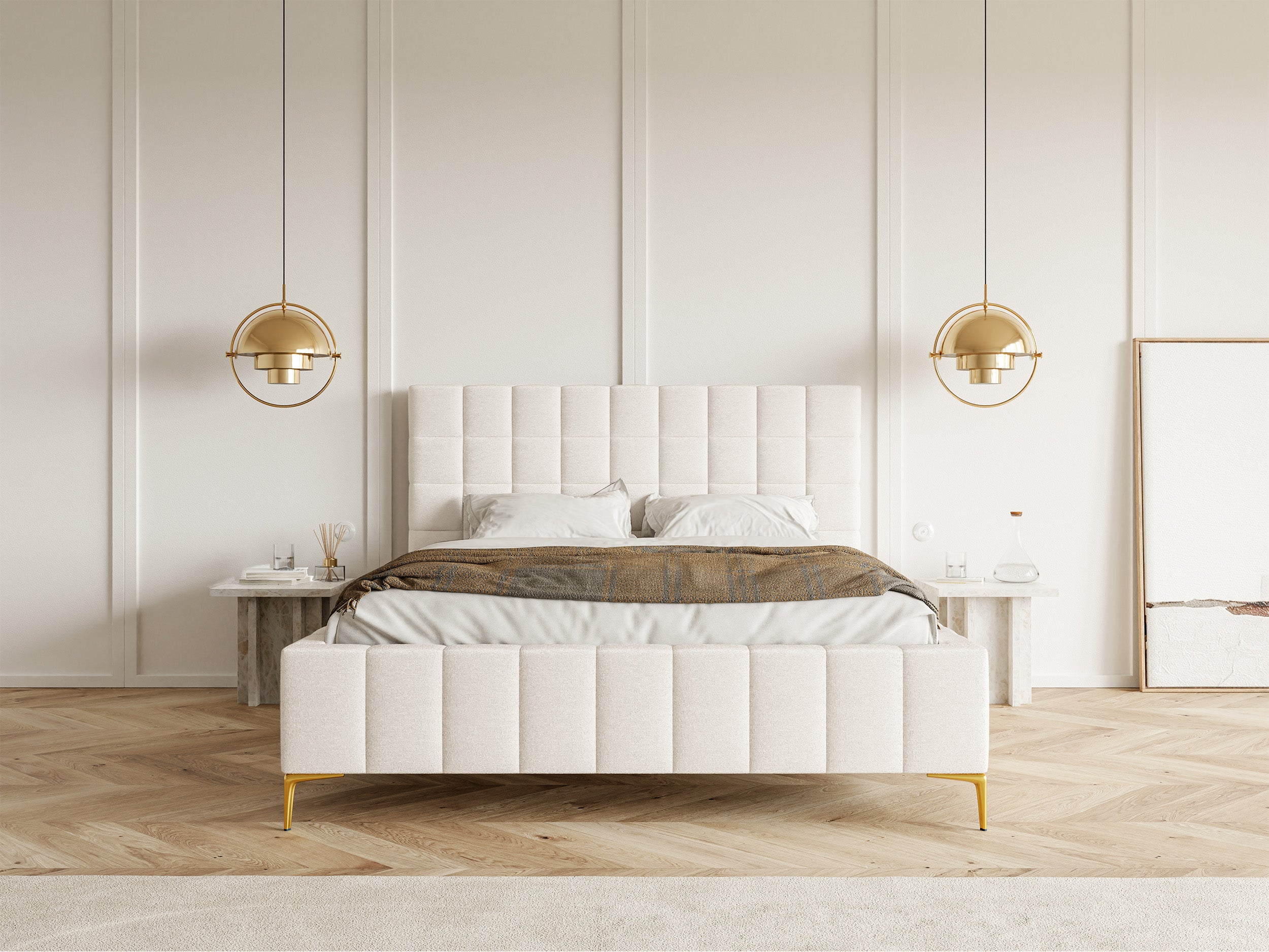 Polsterbett 140x200 cm Szejlo mit Stauraum, Metallrahmen, cremefarbener Chenillebezug