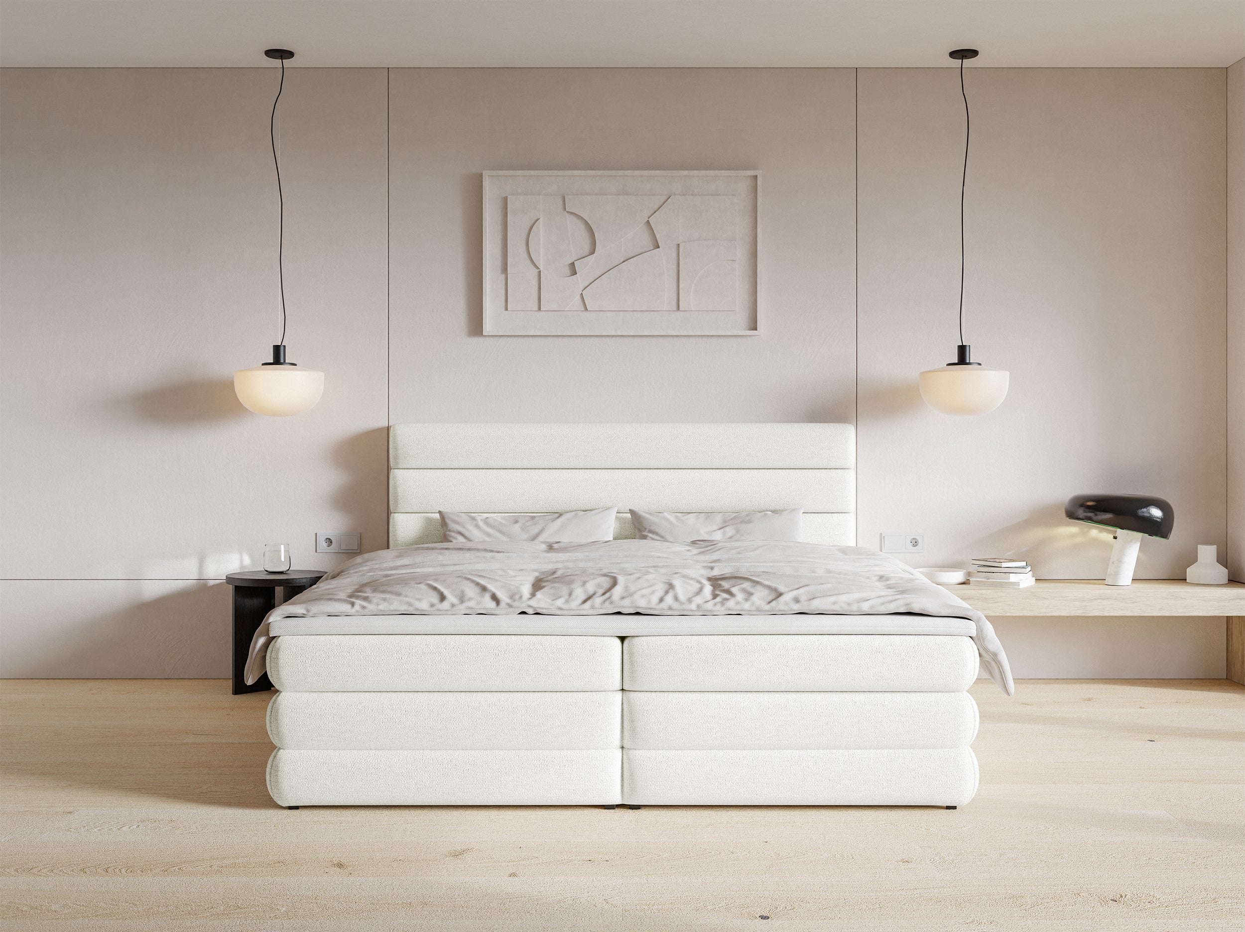 Kontinentalbett 140x200 cm Alegre mit Topper und zwei Aufbewahrungsboxen, weiß, hydrophobes Chenille
