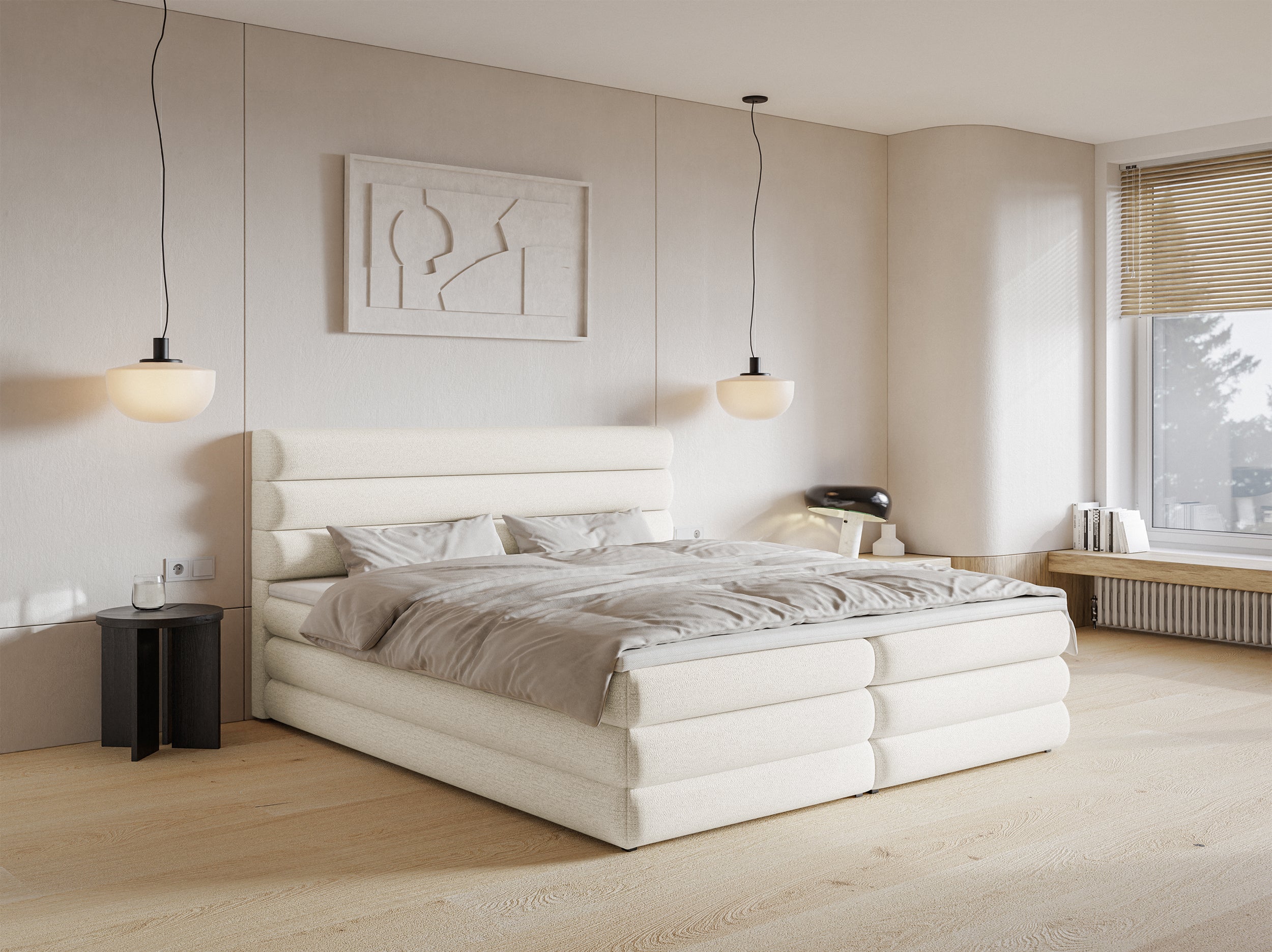 Kontinentales Bett 140x200 cm Alegre mit Topper und zwei Aufbewahrungsboxen, hellbeiger hydrophober Chenillestoff