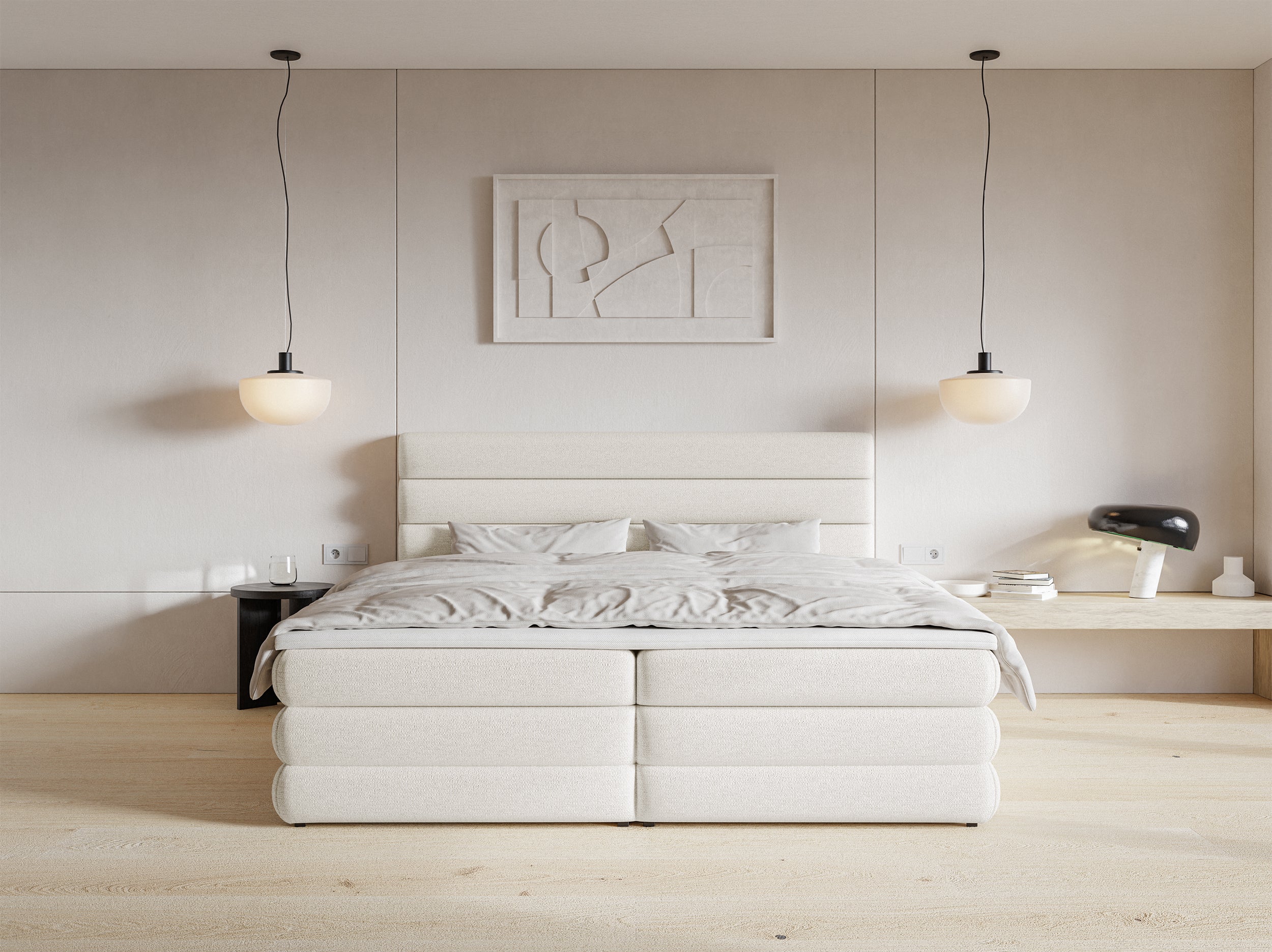 Kontinentales Bett 140x200 cm Alegre mit Topper und zwei Aufbewahrungsboxen, hellbeiger hydrophober Chenillestoff