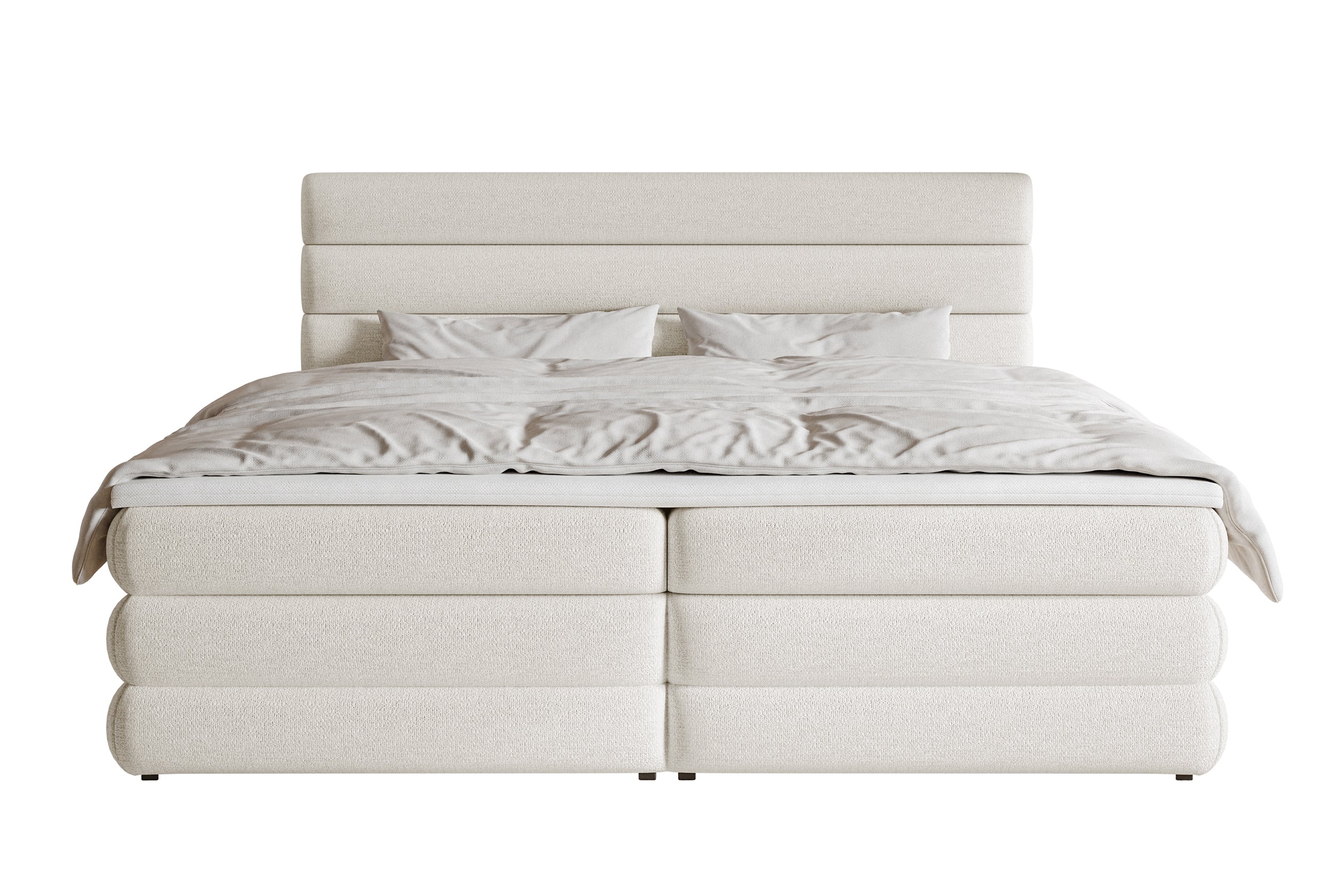 Kontinentales Bett 140x200 cm Alegre mit Topper und zwei Aufbewahrungsboxen, hellbeiger hydrophober Chenillestoff