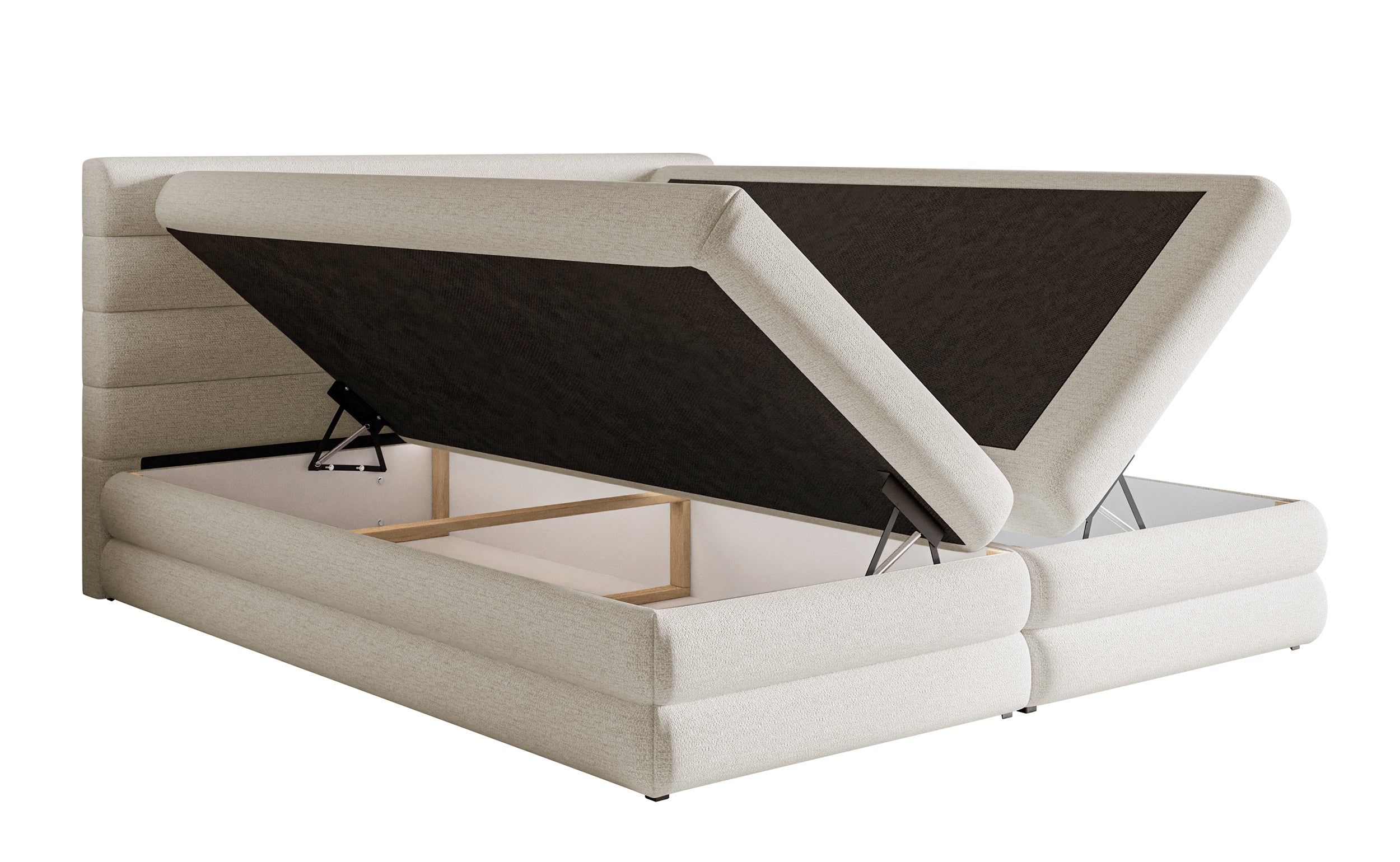 Kontinentales Bett 140x200 cm Alegre mit Topper und zwei Aufbewahrungsboxen, hellbeiger hydrophober Chenillestoff