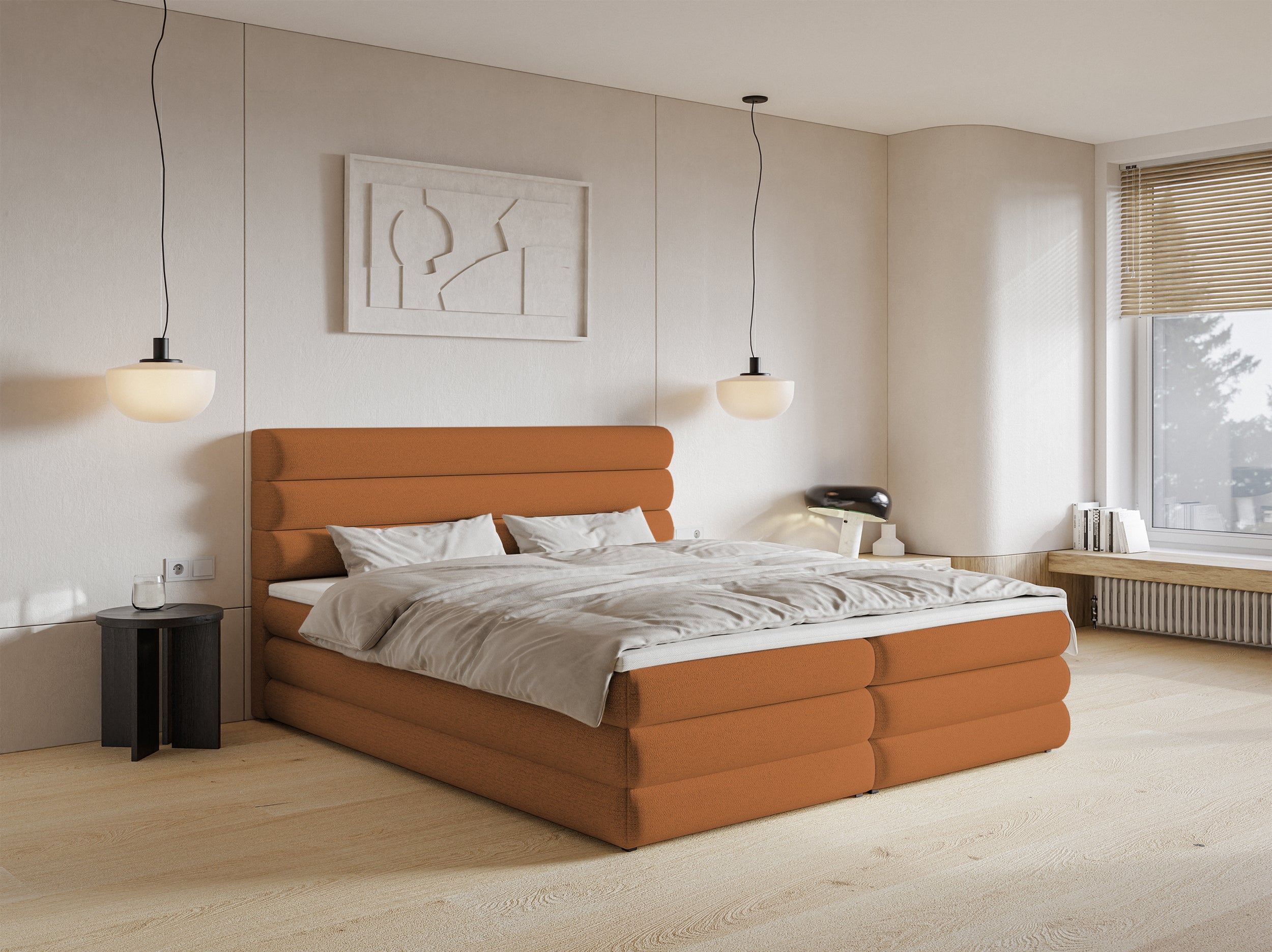 Kontinentales Bett 180x200 cm Alegre mit Topper und zwei Aufbewahrungsboxen, kupferfarbener hydrophober Chenillestoff