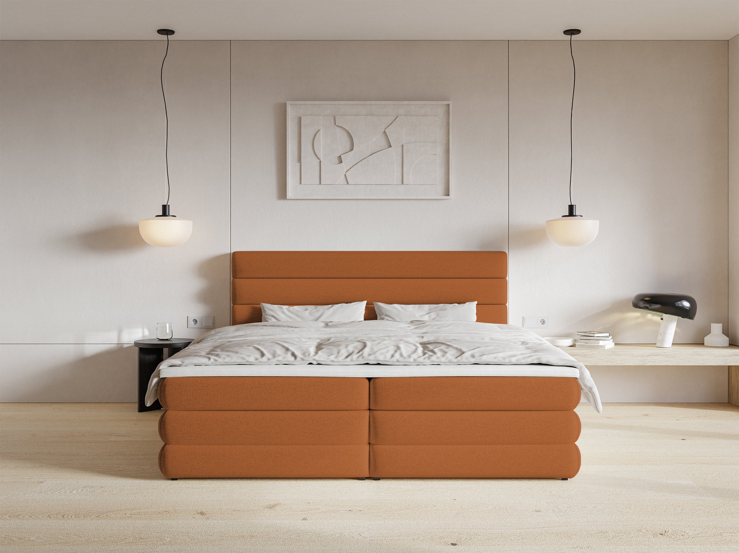 Kontinentales Bett 180x200 cm Alegre mit Topper und zwei Aufbewahrungsboxen, kupferfarbener hydrophober Chenillestoff