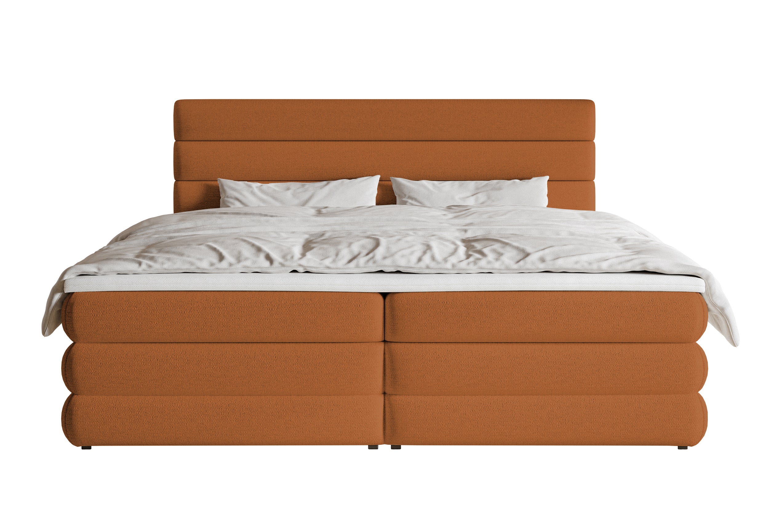 Kontinentales Bett 180x200 cm Alegre mit Topper und zwei Aufbewahrungsboxen, kupferfarbener hydrophober Chenillestoff