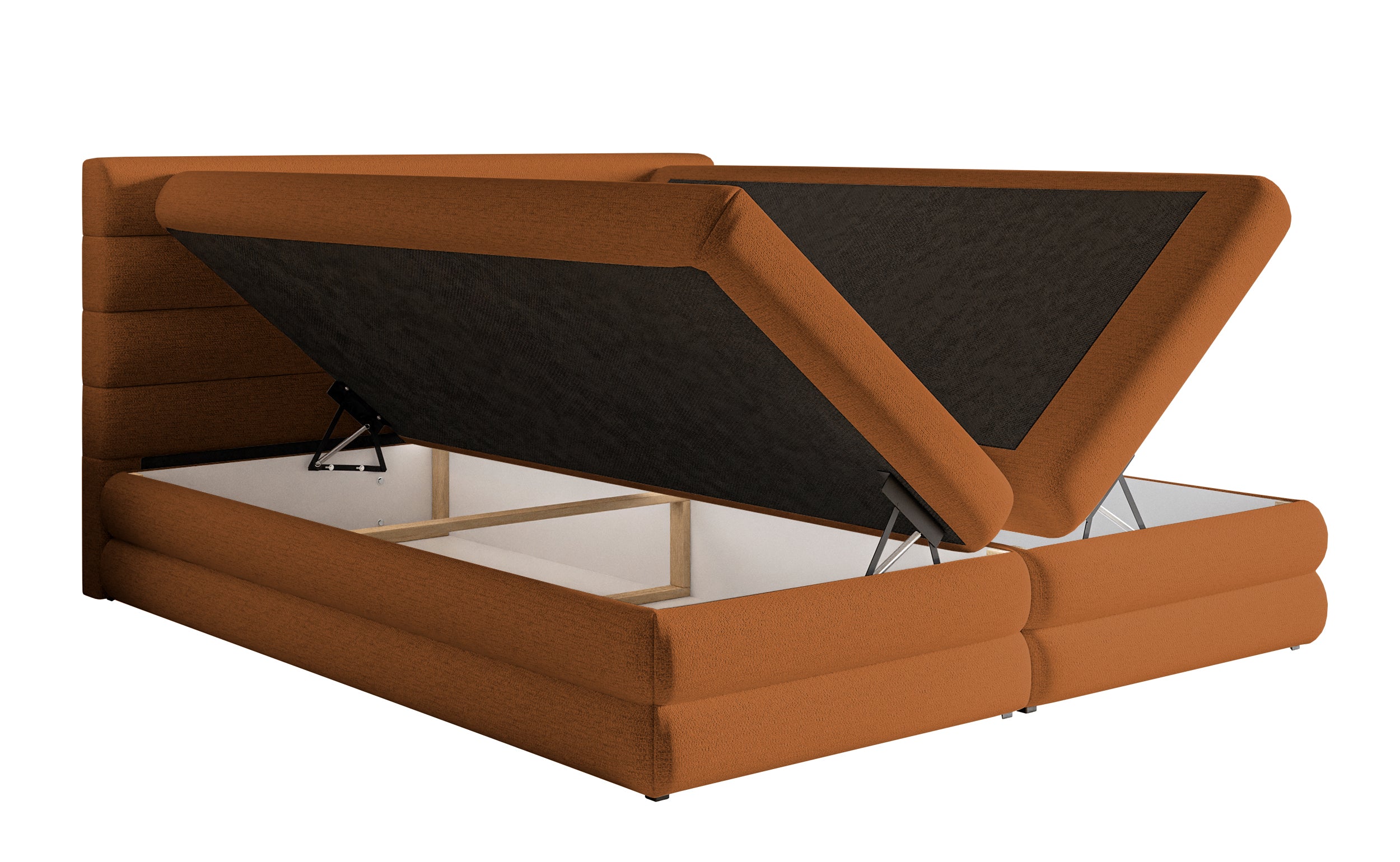 Kontinentales Bett 180x200 cm Alegre mit Topper und zwei Aufbewahrungsboxen, kupferfarbener hydrophober Chenillestoff