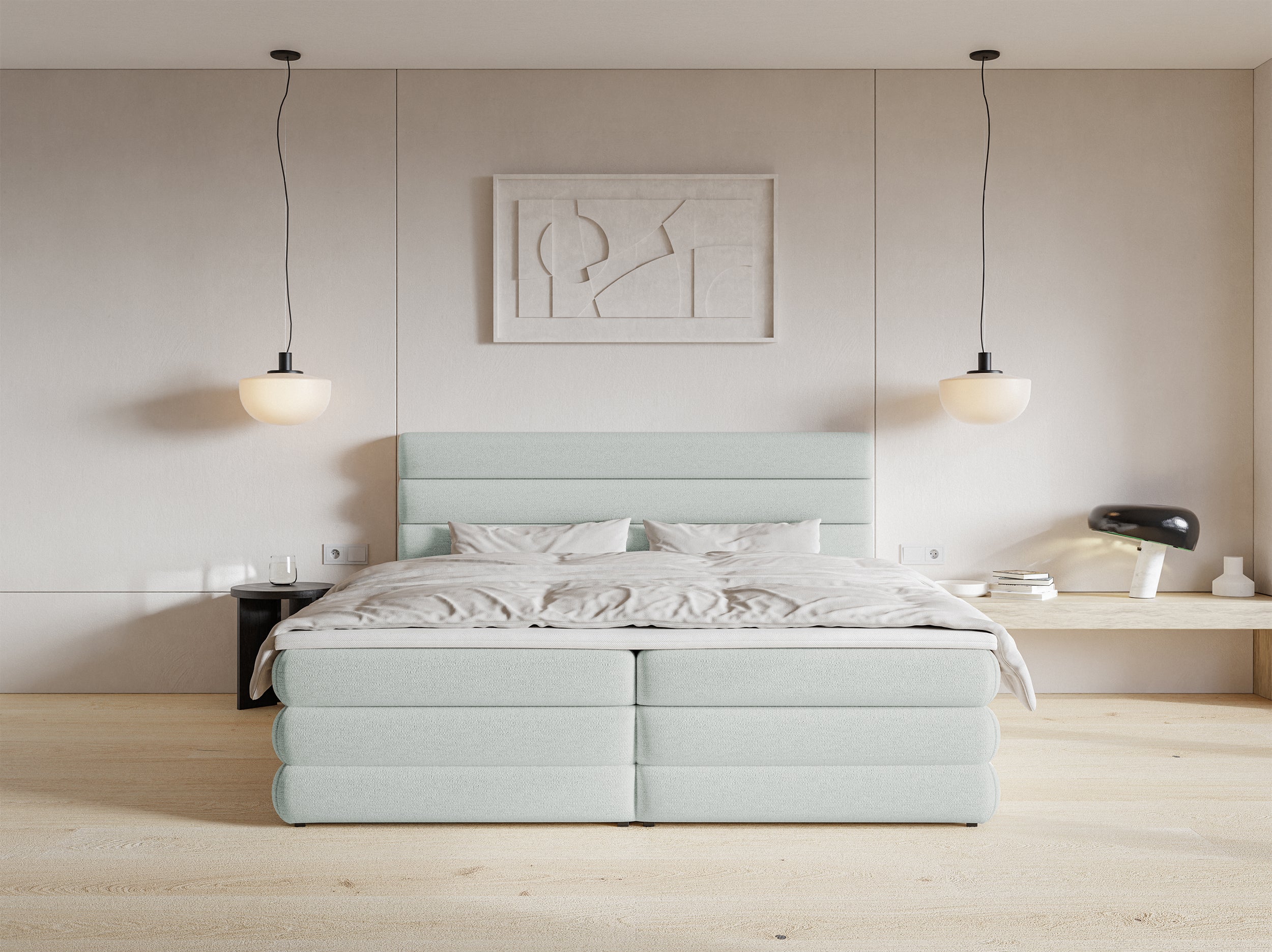 Kontinentalbett 160x200 cm Alegre mit Topper und zwei Aufbewahrungsboxen, hellgrauer hydrophober Chenillestoff