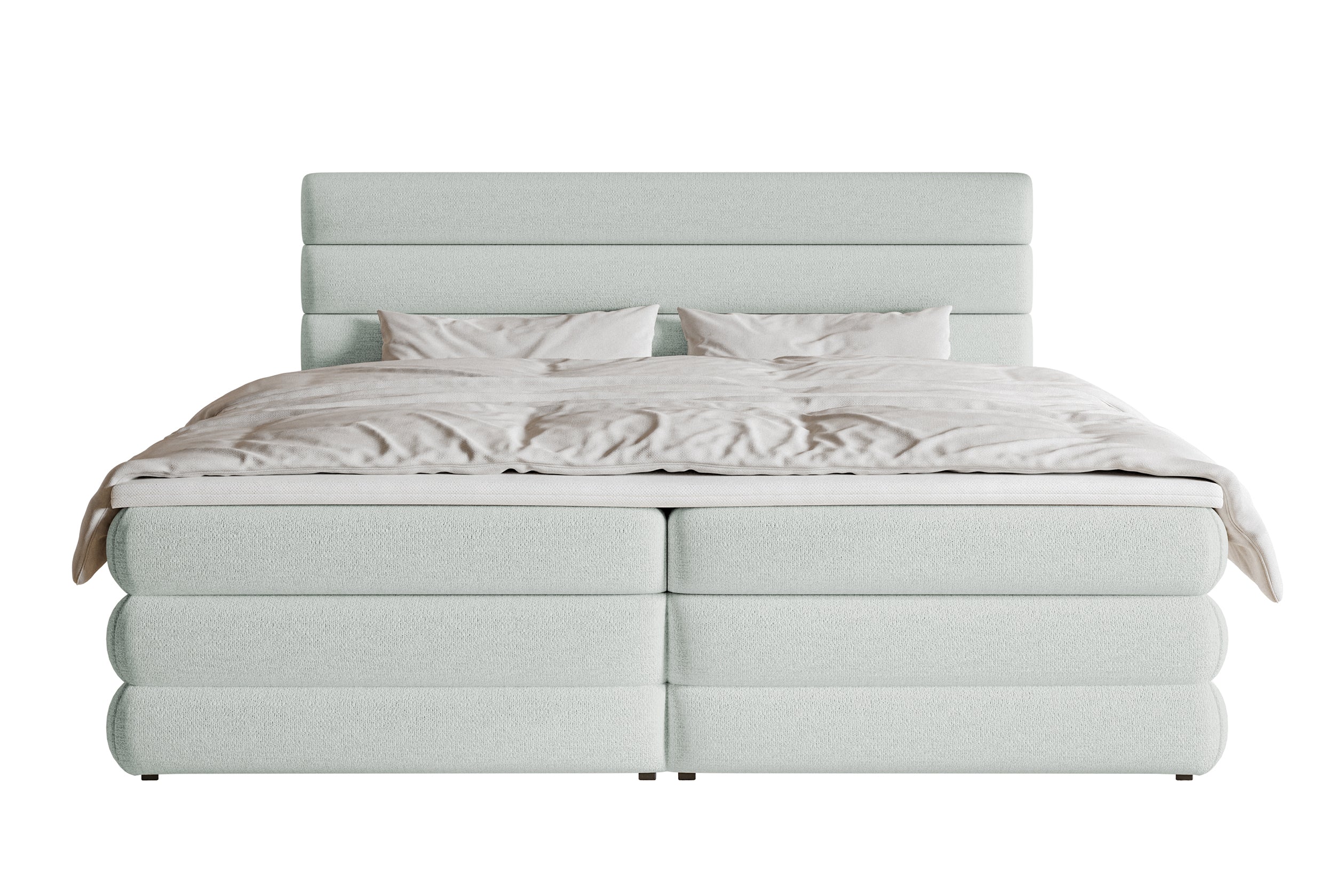 Kontinentalbett 160x200 cm Alegre mit Topper und zwei Aufbewahrungsboxen, hellgrauer hydrophober Chenillestoff