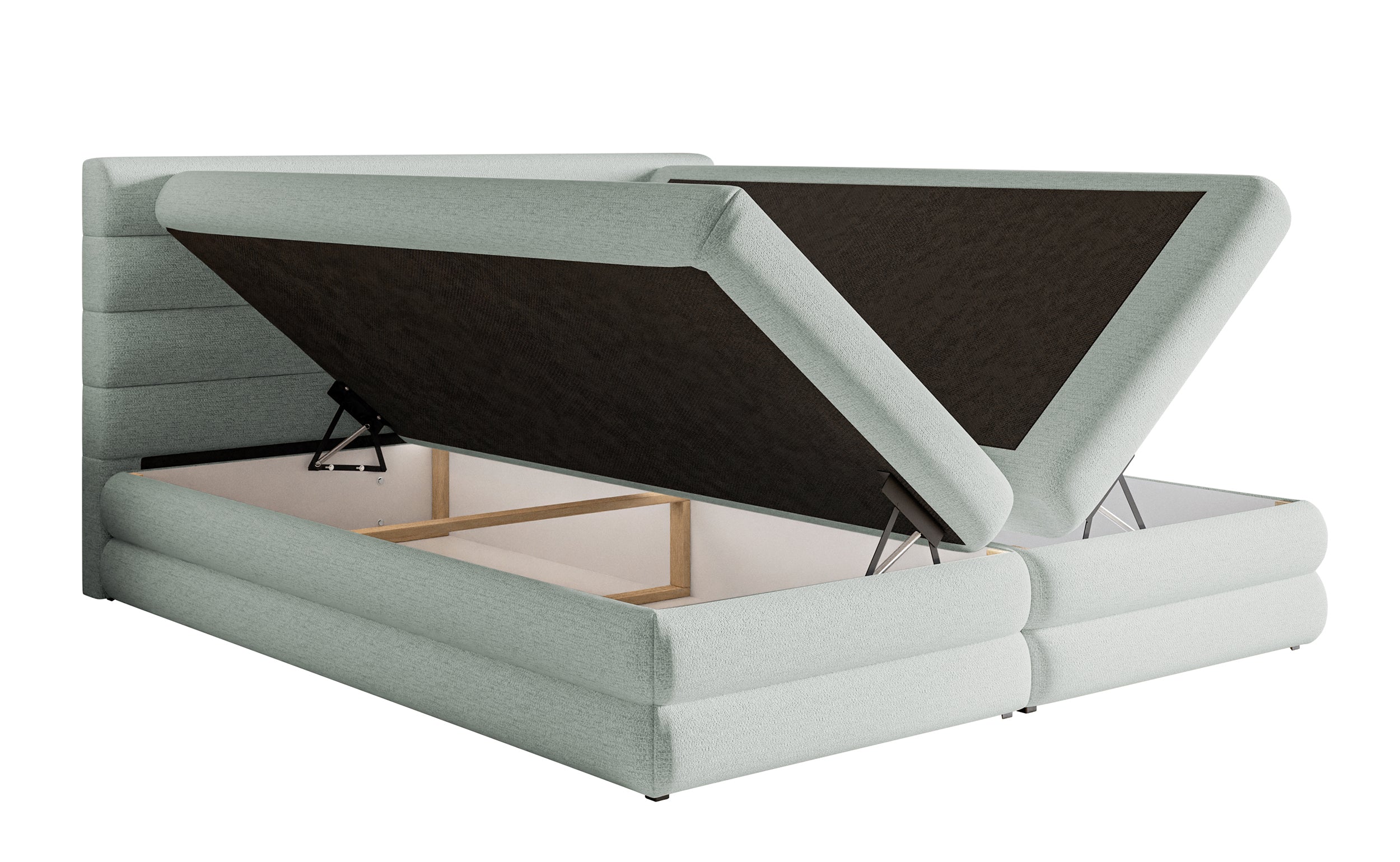 Kontinentalbett 160x200 cm Alegre mit Topper und zwei Aufbewahrungsboxen, hellgrauer hydrophober Chenillestoff