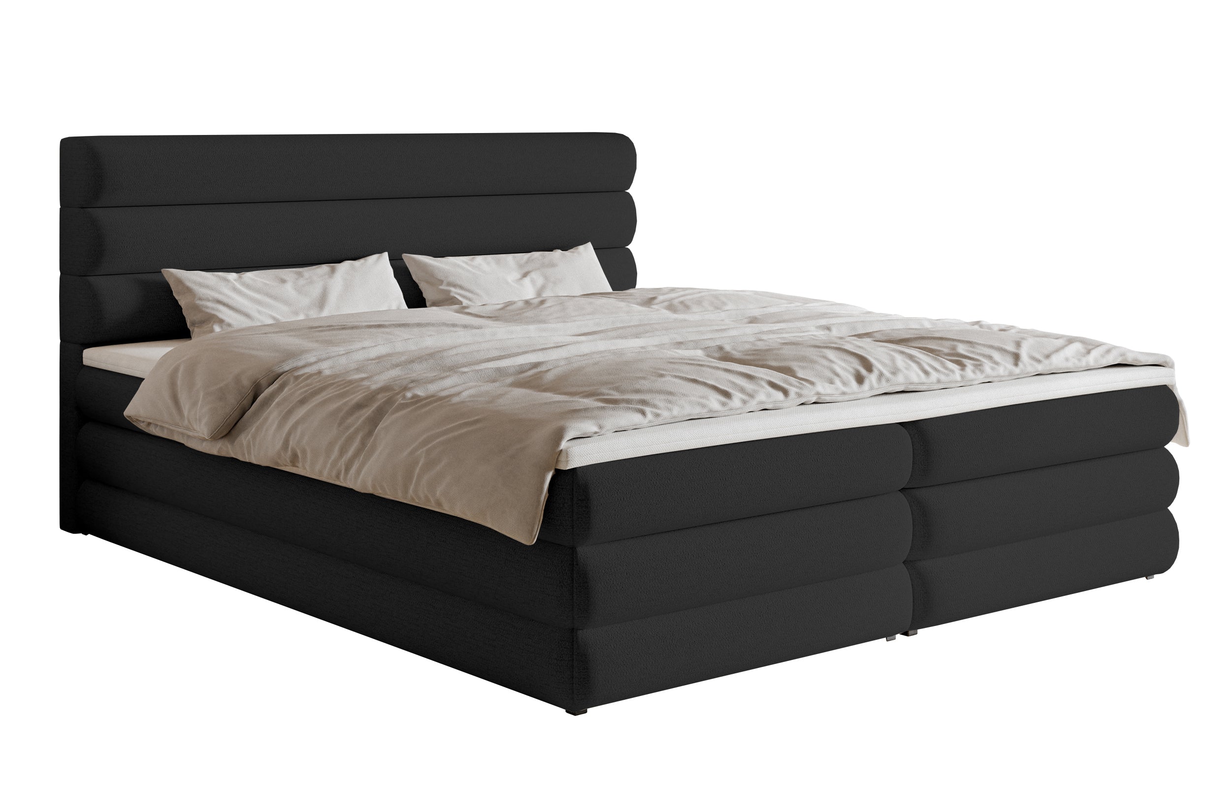 Kontinentales Bett 160x200 cm Alegre mit Topper und zwei Stauraumfächern, schwarzer hydrophober Chenillebezug