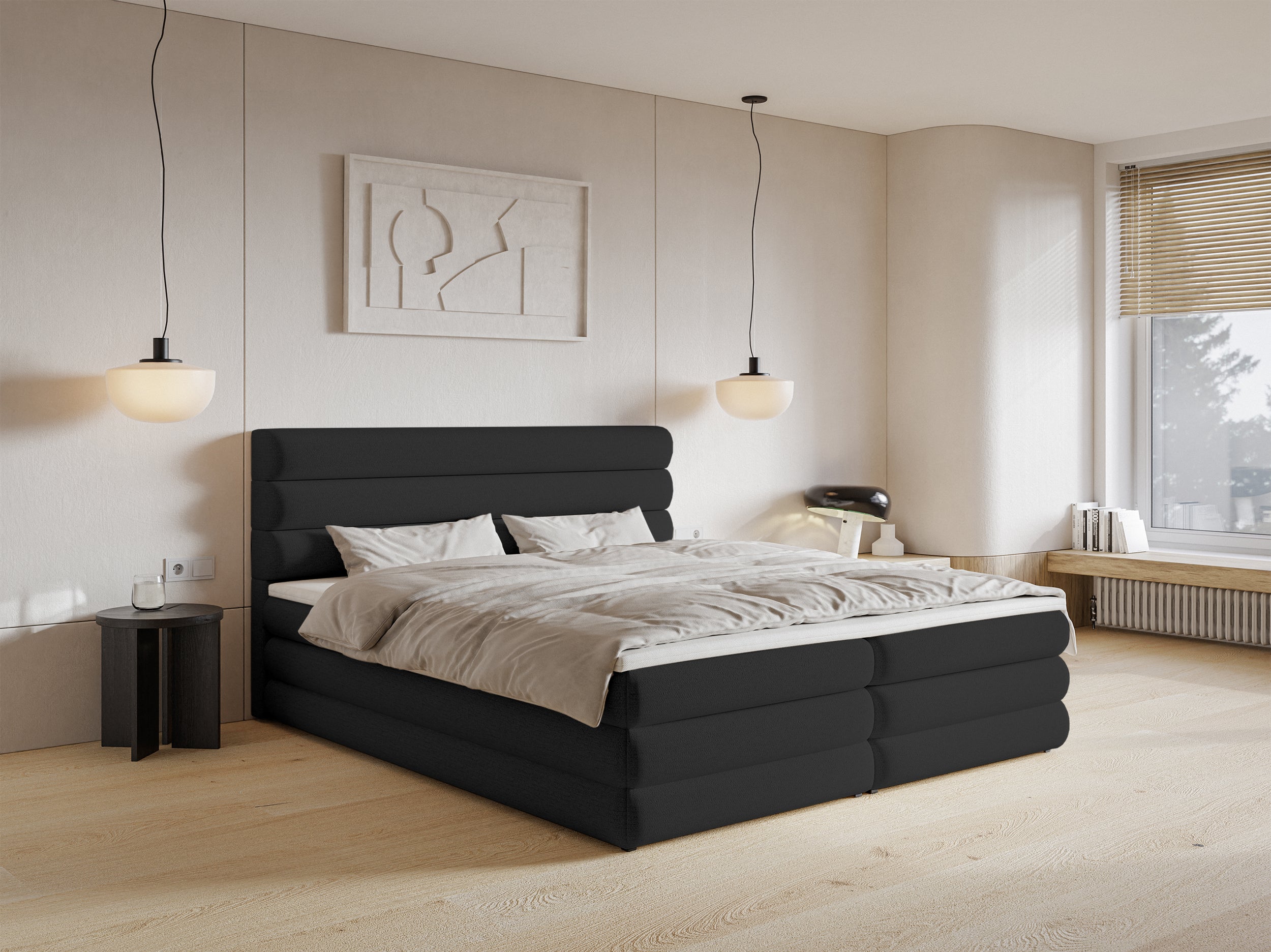 Kontinentales Bett 160x200 cm Alegre mit Topper und zwei Stauraumfächern, schwarzer hydrophober Chenillebezug