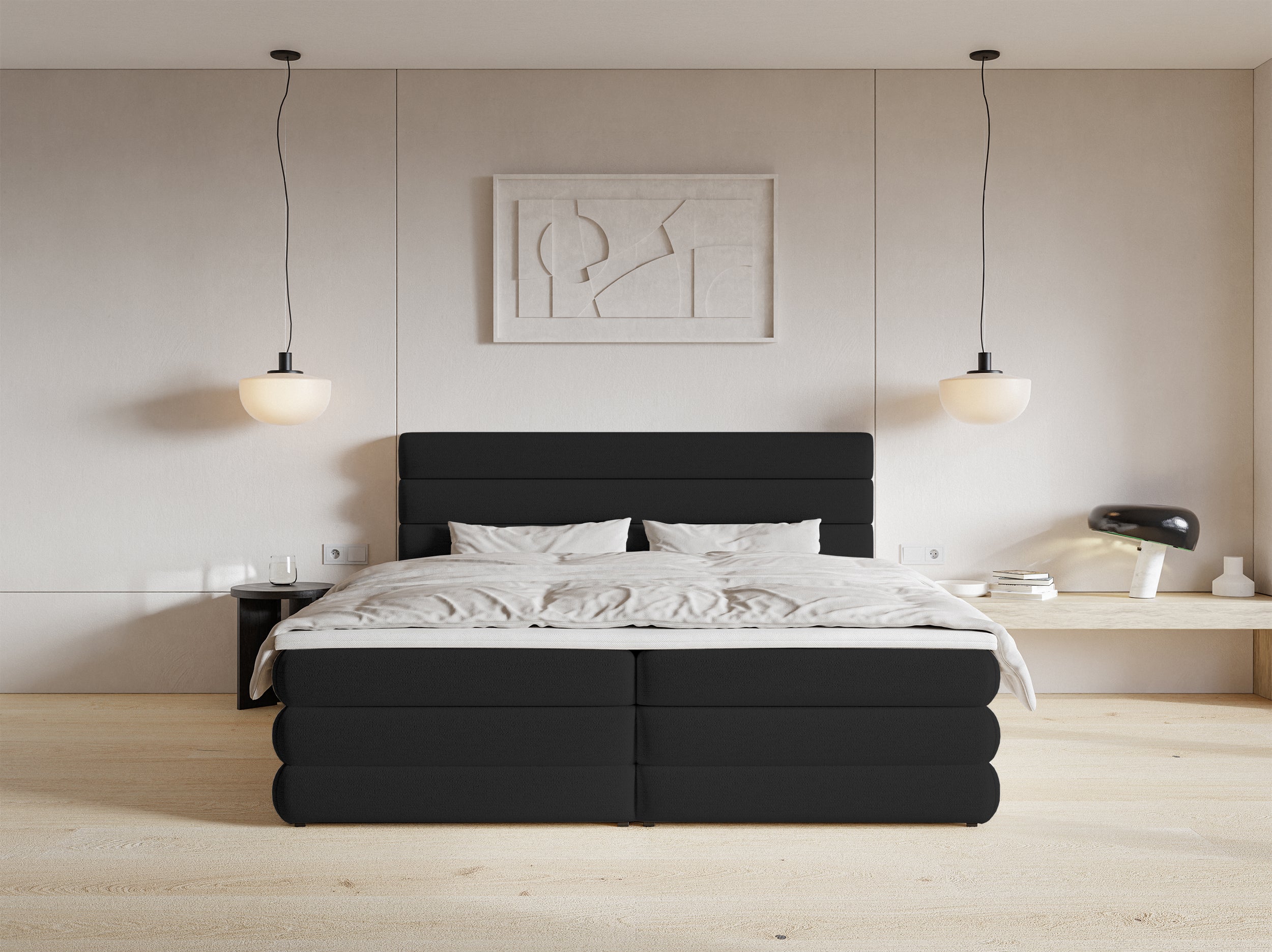 Kontinentales Bett 160x200 cm Alegre mit Topper und zwei Stauraumfächern, schwarzer hydrophober Chenillebezug