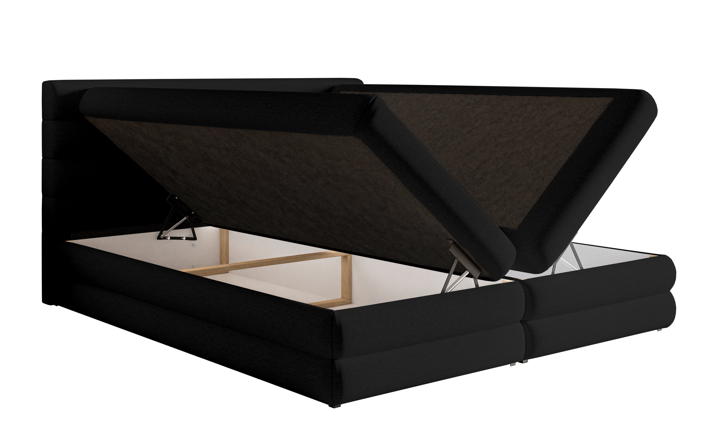 Kontinentales Bett 160x200 cm Alegre mit Topper und zwei Stauraumfächern, schwarzer hydrophober Chenillebezug