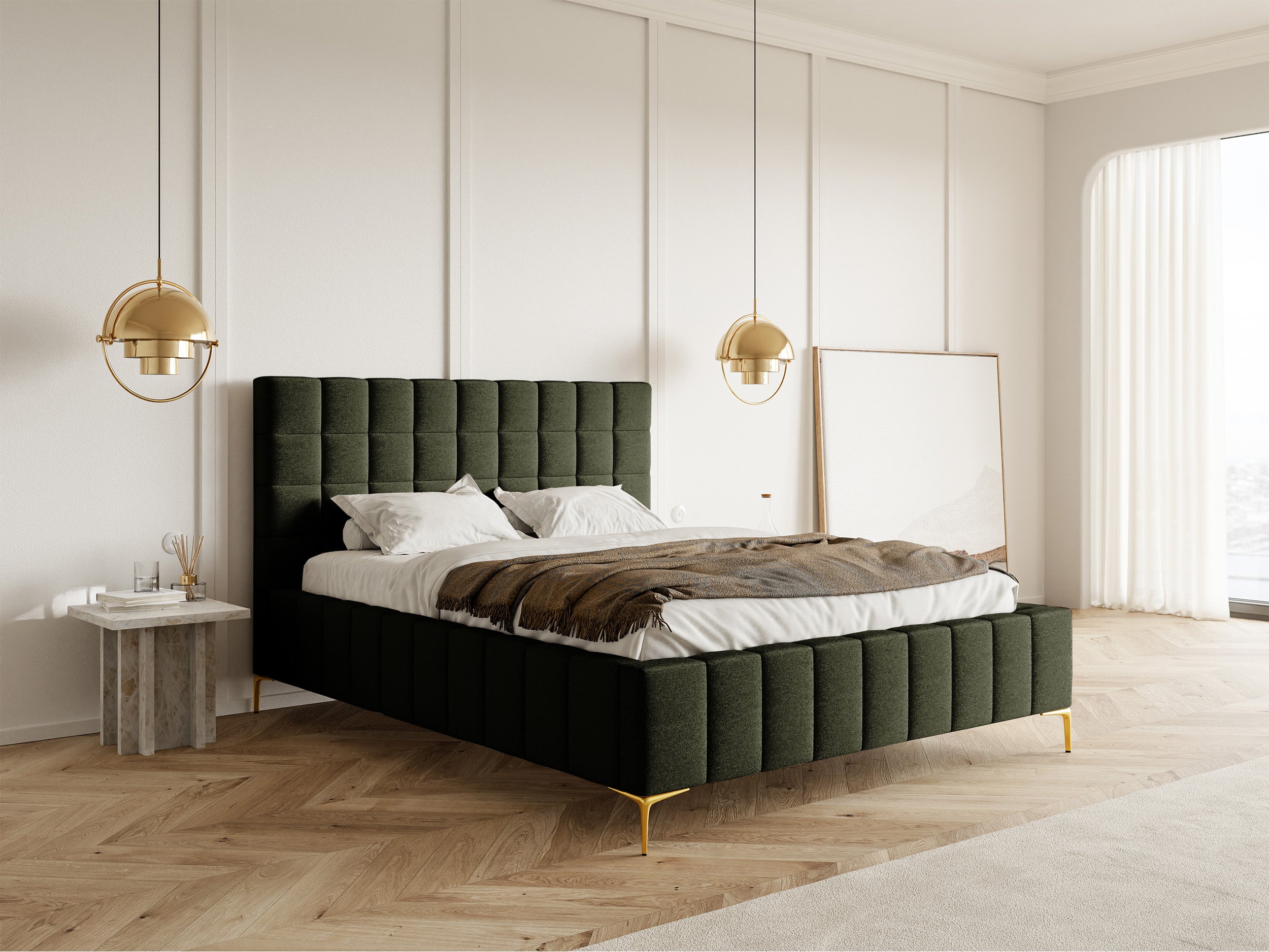 Polsterbett 180x200 cm Szejlo mit Stauraum, Metallrost, olivgrüner Chenillestoff