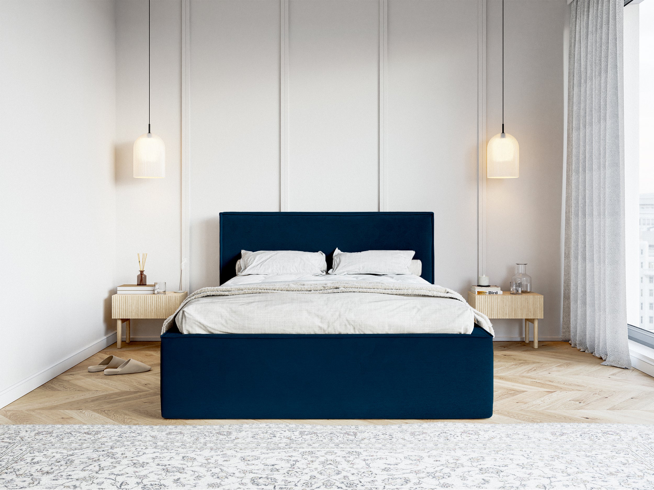 Polsterbett 140x200 cm Lucera mit Stauraum, marineblauer Samt, wasserabweisend