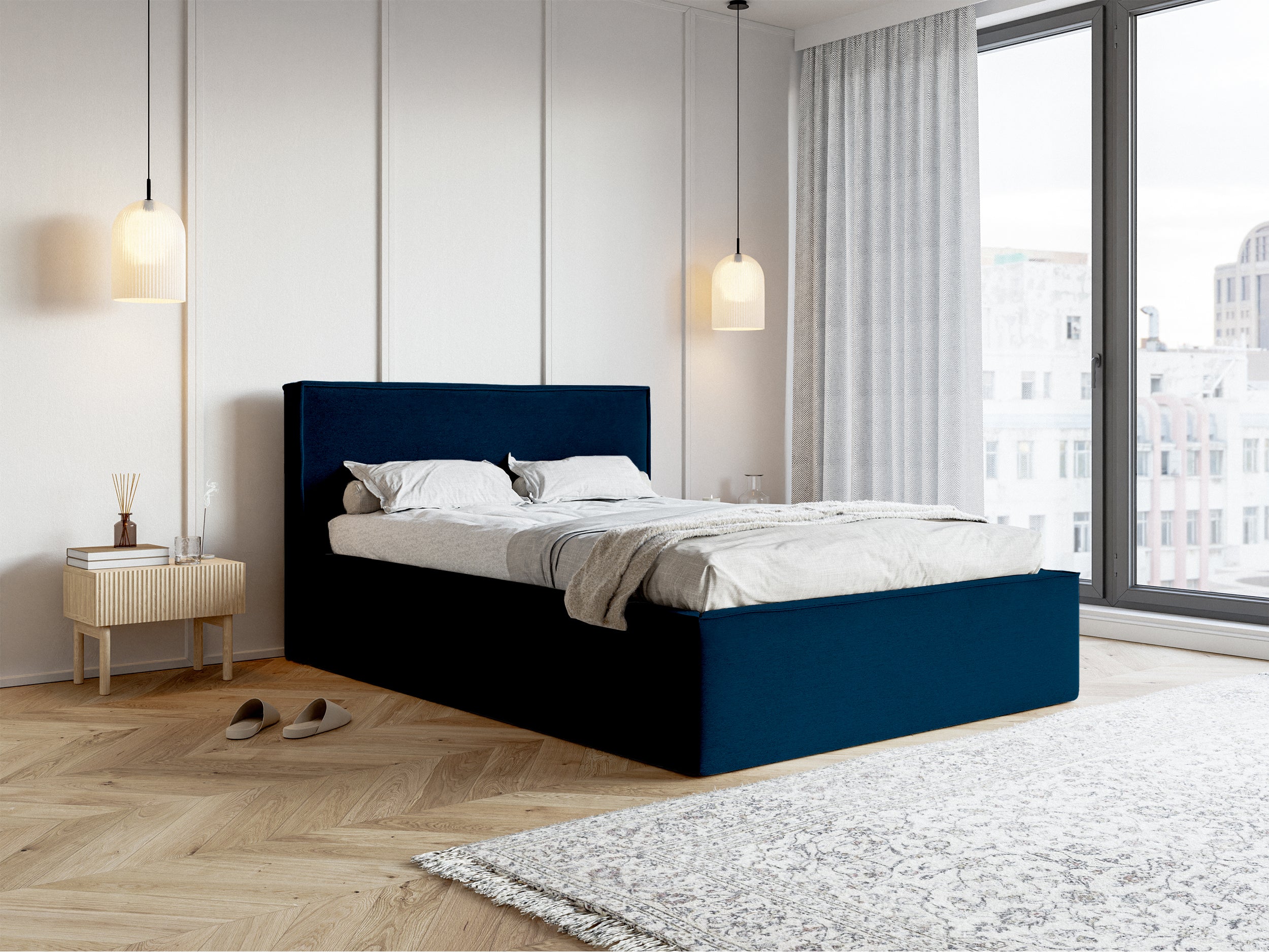Polsterbett 140x200 cm Lucera mit Stauraum, marineblauer Samt, wasserabweisend