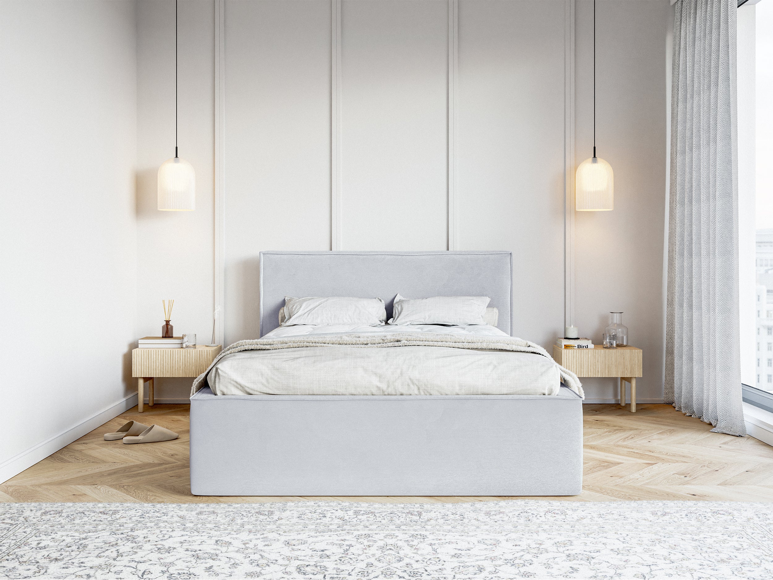 Polsterbett 140x200 cm Lucera mit Stauraum, taubenblauer Velours, wasserabweisend