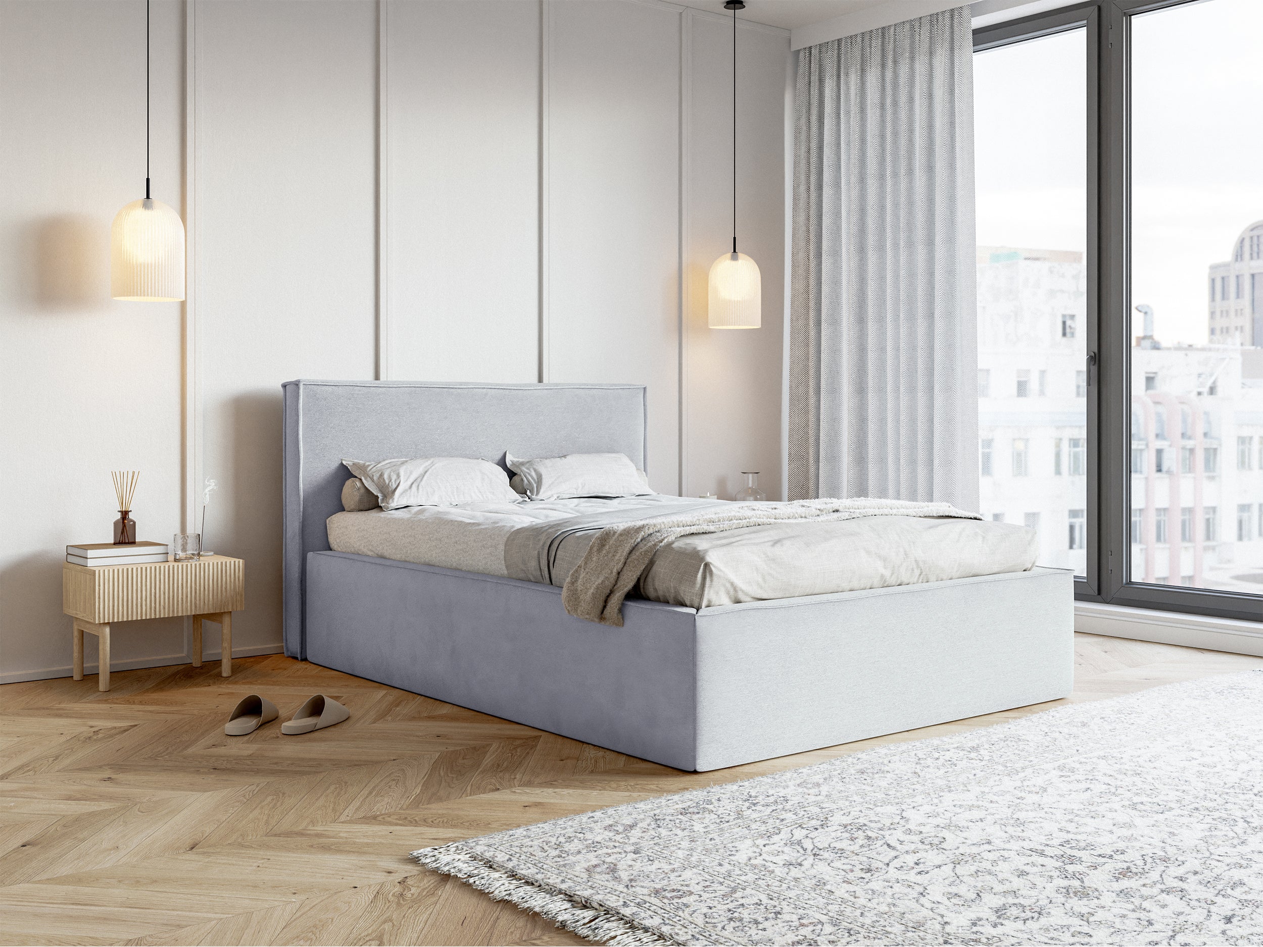 Polsterbett 140x200 cm Lucera mit Stauraum, taubenblauer Velours, wasserabweisend