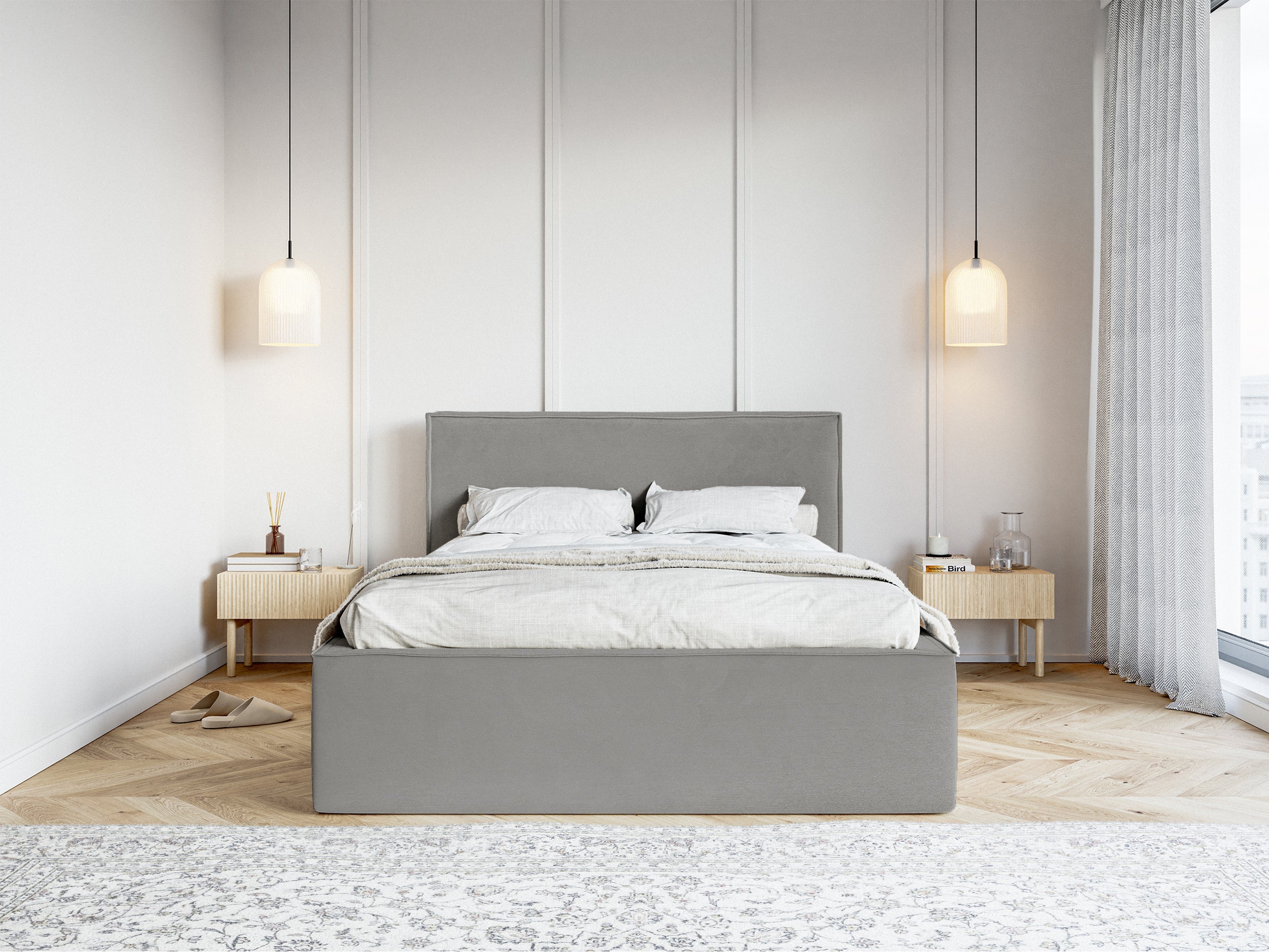 Gepolstertes Bett 160x200 cm Lucera mit Stauraum, grauer wasserabweisender Samtstoff