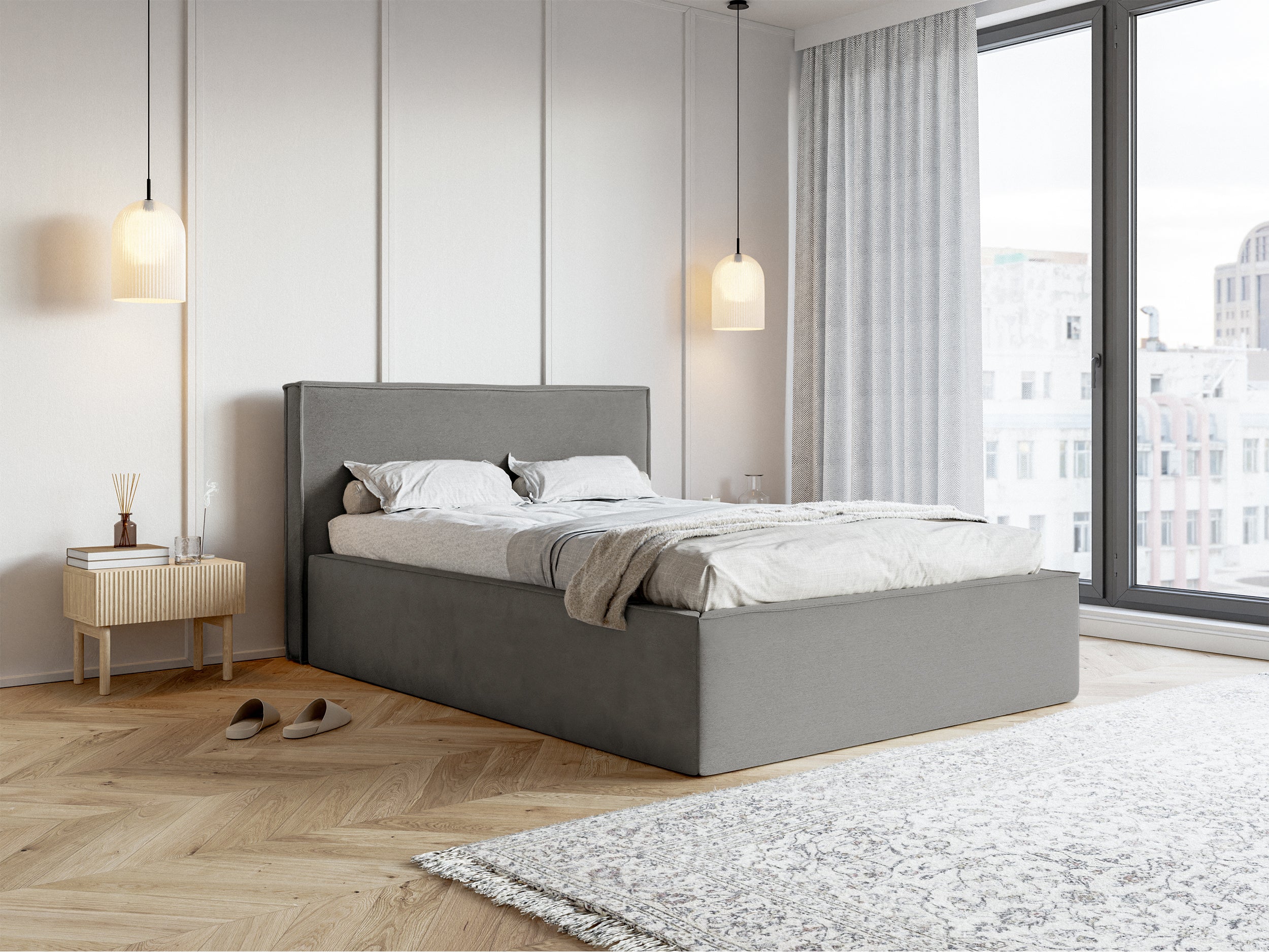 Gepolstertes Bett 160x200 cm Lucera mit Stauraum, grauer wasserabweisender Samtstoff