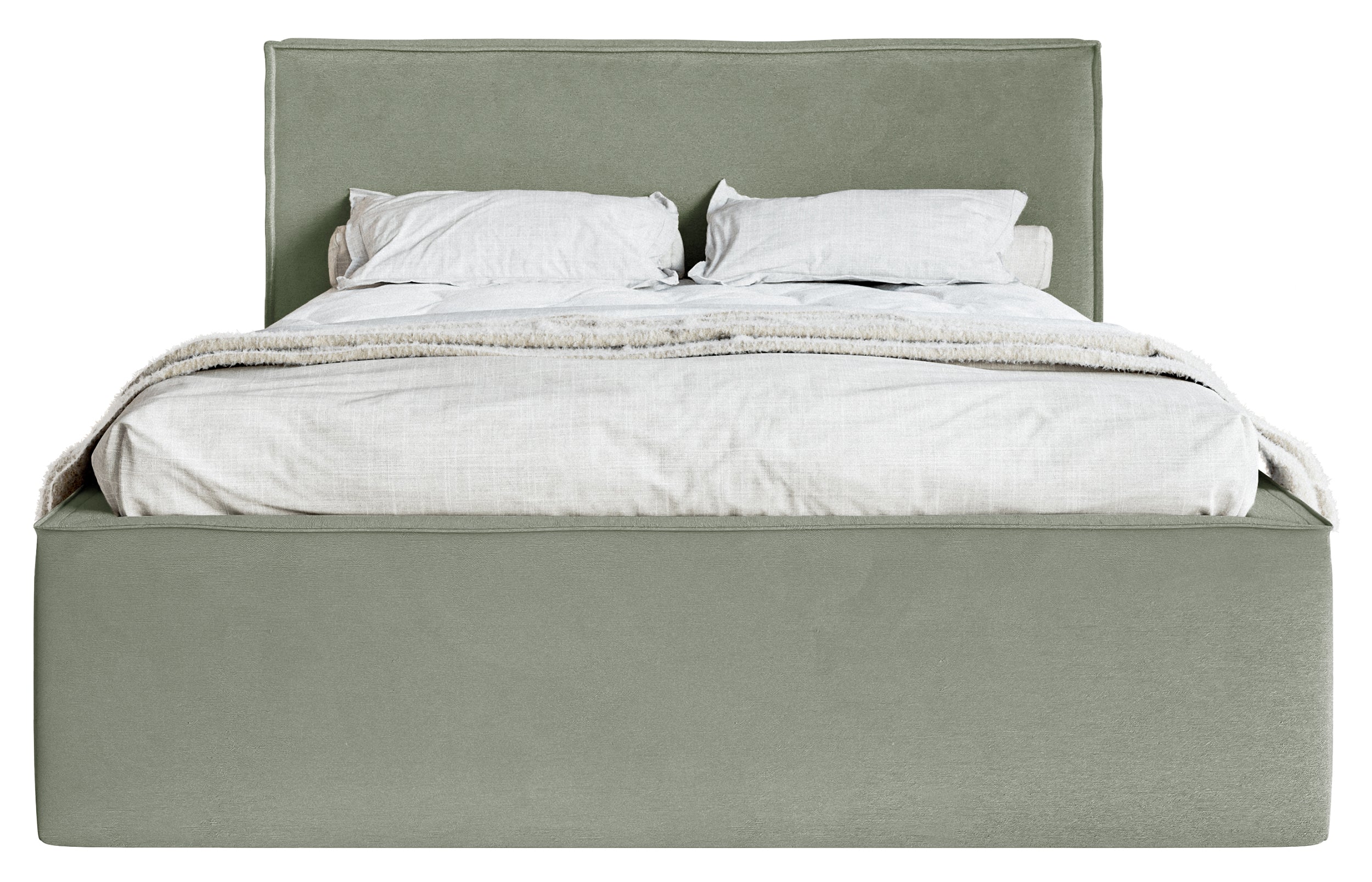Polsterbett 140x200 cm Lucera mit Stauraum, eukalyptusfarbener Veloursstoff, wasserabweisend