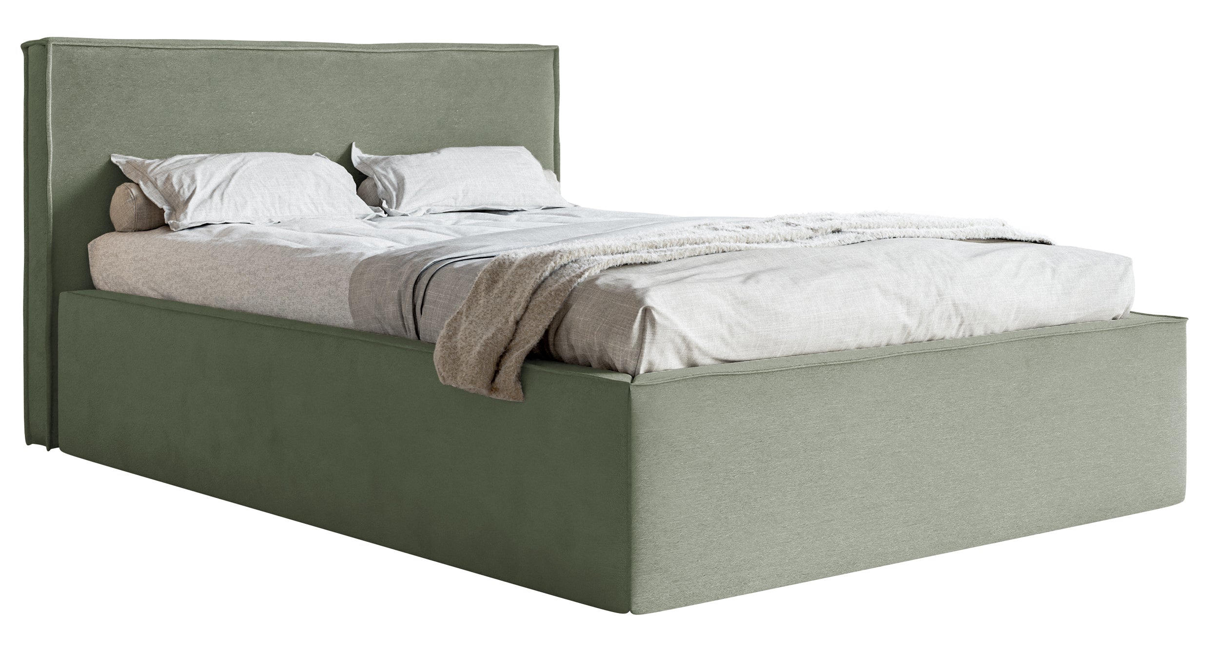 Polsterbett 140x200 cm Lucera mit Stauraum, eukalyptusfarbener Veloursstoff, wasserabweisend
