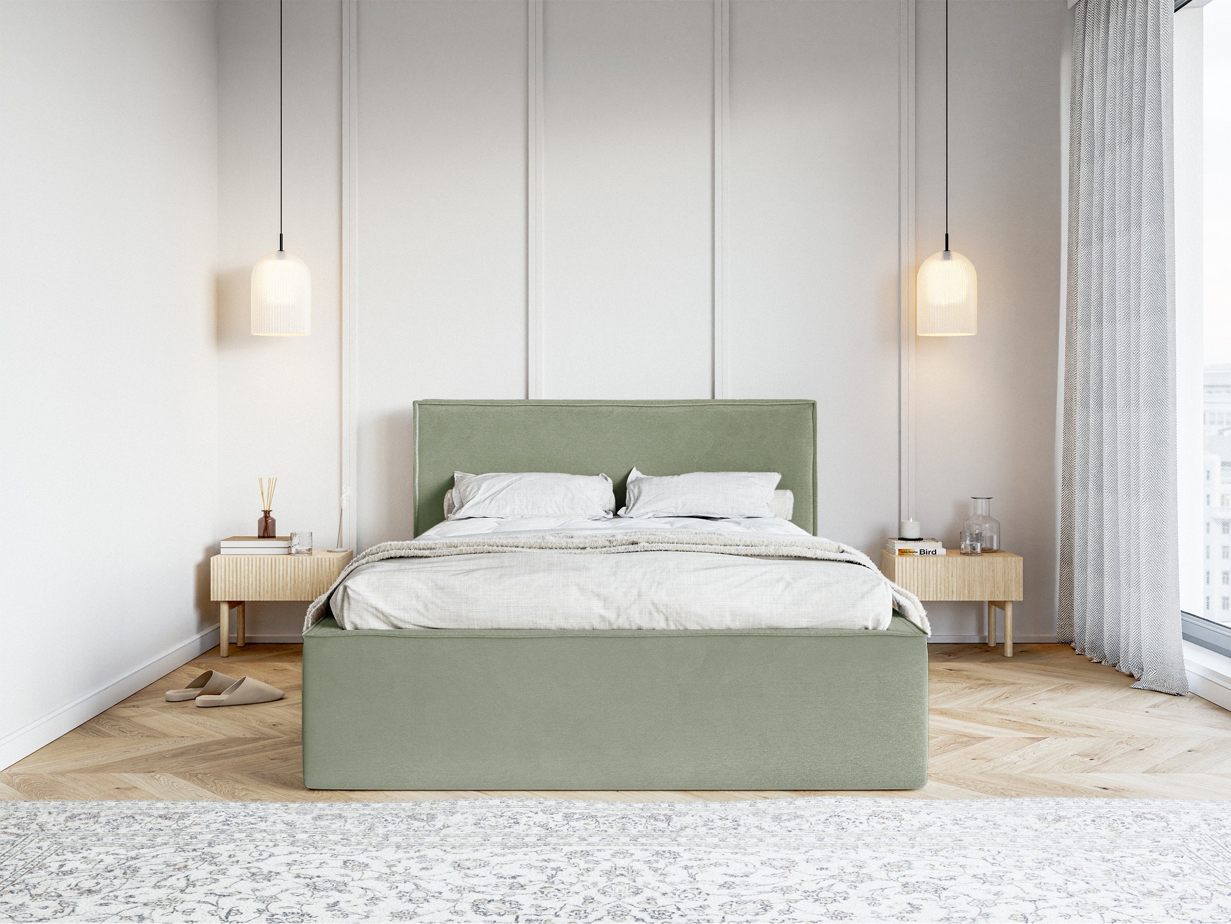 Polsterbett 140x200 cm Lucera mit Stauraum, eukalyptusfarbener Veloursstoff, wasserabweisend