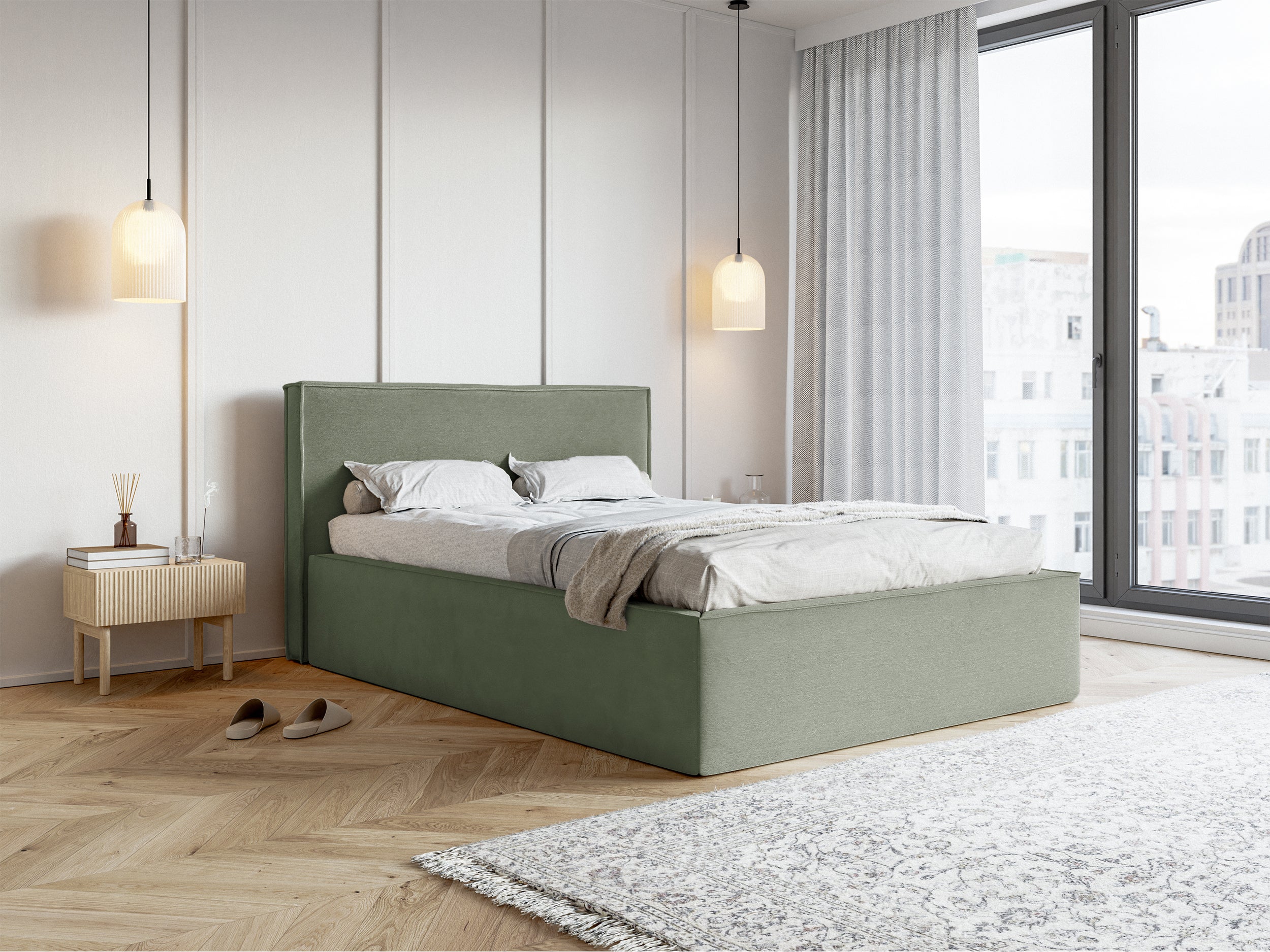 Polsterbett 140x200 cm Lucera mit Stauraum, eukalyptusfarbener Veloursstoff, wasserabweisend