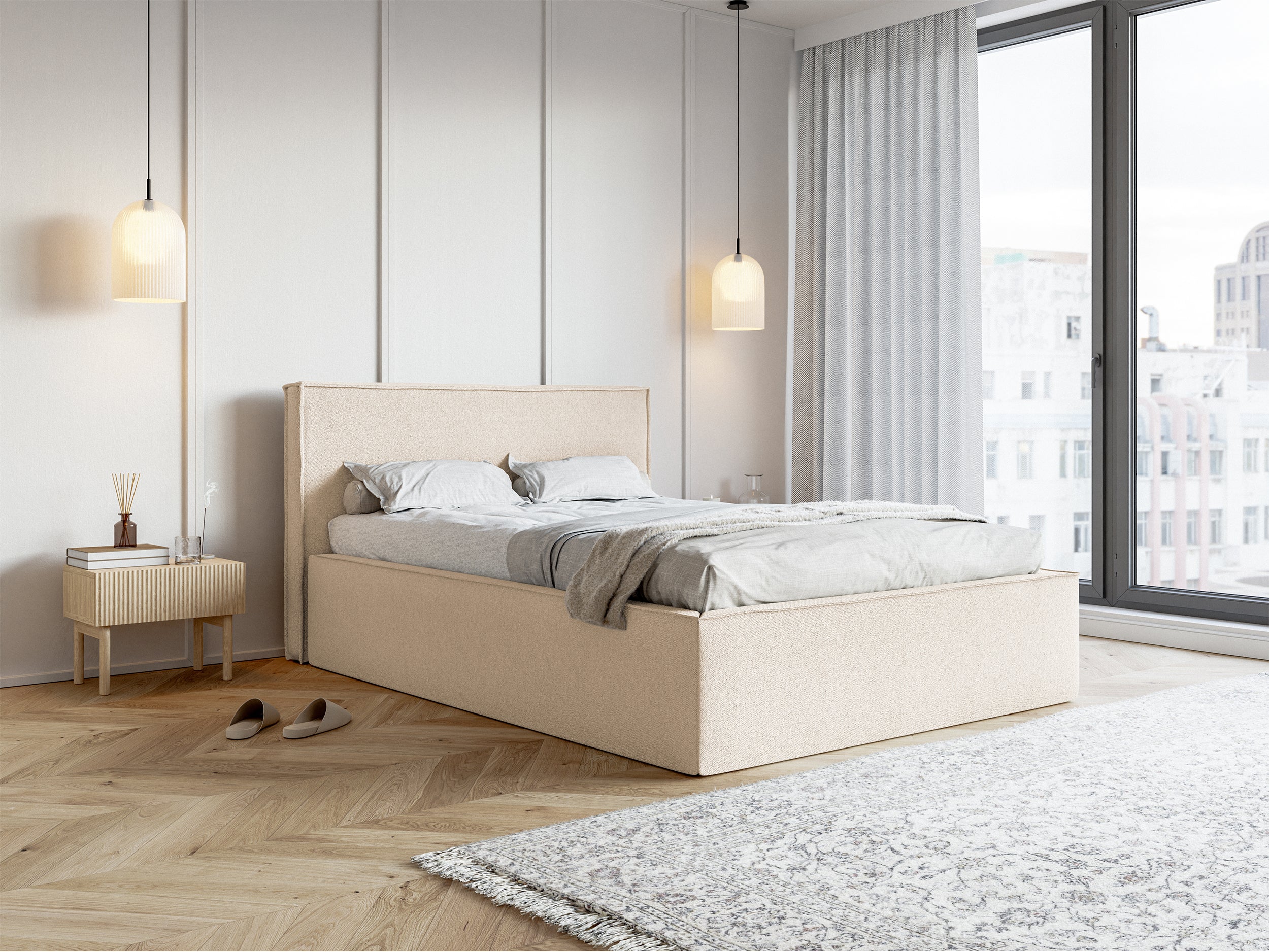 Polsterbett 160x200 cm Lucera mit Stauraum, hellbeiger Chenillestoff