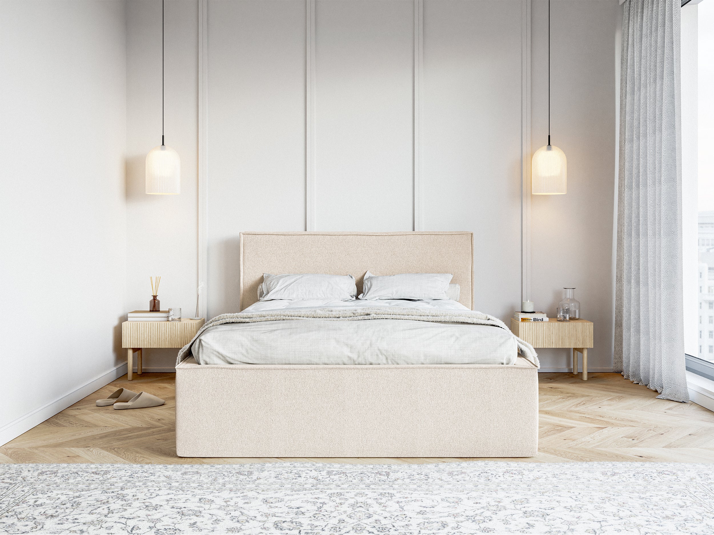 Polsterbett 160x200 cm Lucera mit Stauraum, hellbeiger Chenillestoff