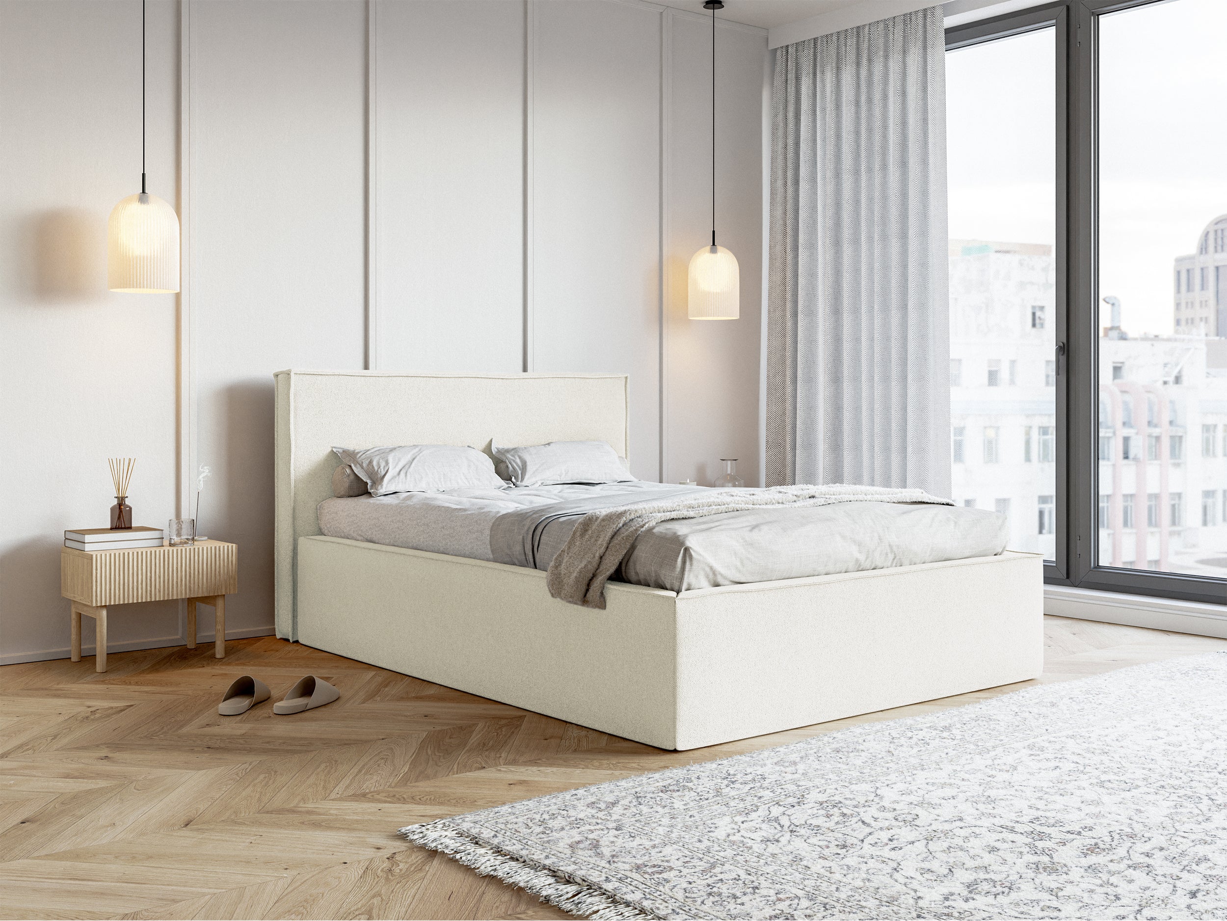Polsterbett 180x200 cm Lucera mit Stauraum, cremefarbenes Chenille