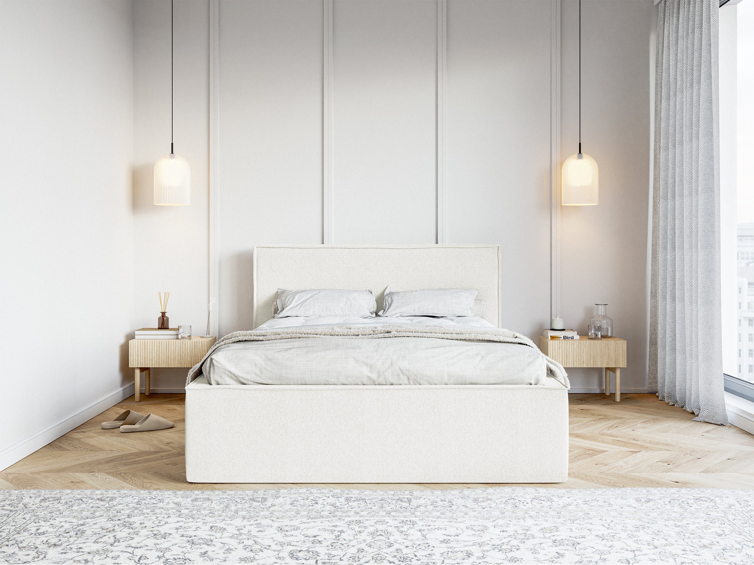 Polsterbett 180x200 cm Lucera mit Stauraum, cremefarbenes Chenille
