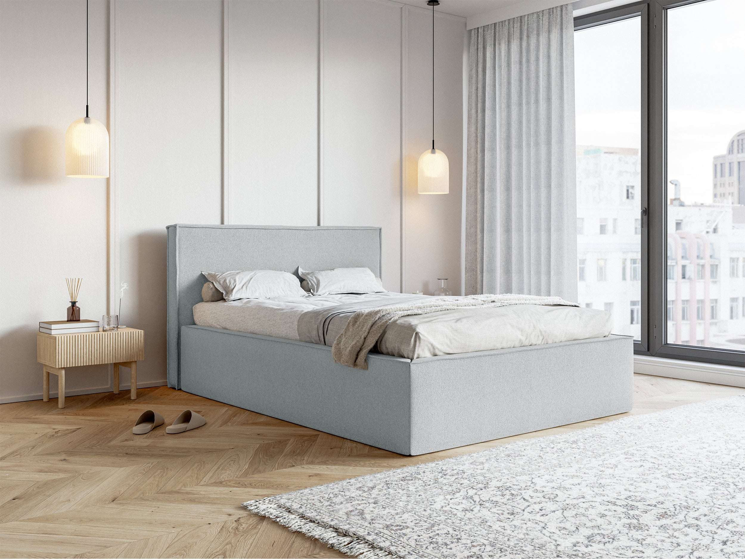 Gepolstertes Bett 140x200 cm Lucera mit Stauraum, grauer Chenille-Stoff