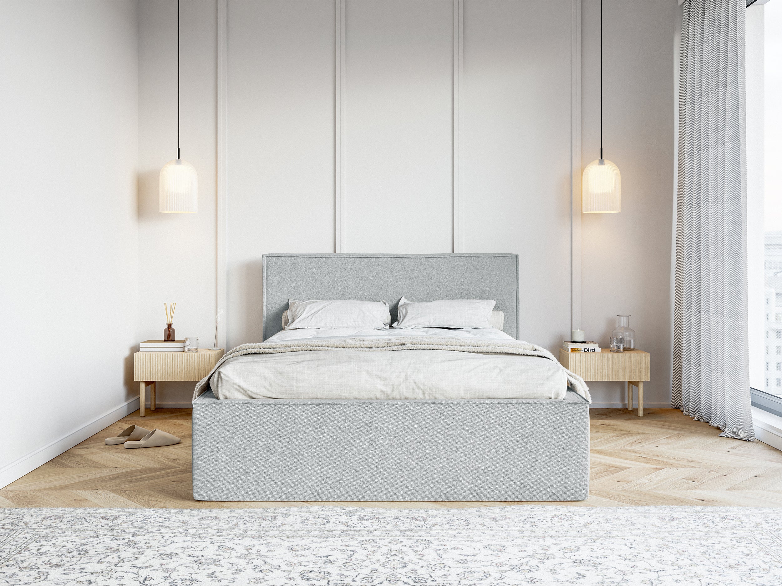 Gepolstertes Bett 140x200 cm Lucera mit Stauraum, grauer Chenille-Stoff