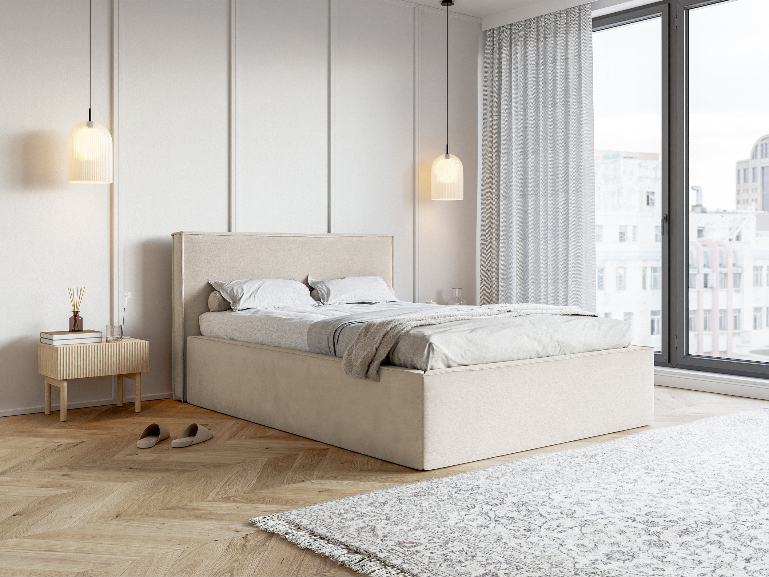 Polsterbett 140x200 cm Lucera mit Stauraum, grau-beiger wasserabweisender Samt
