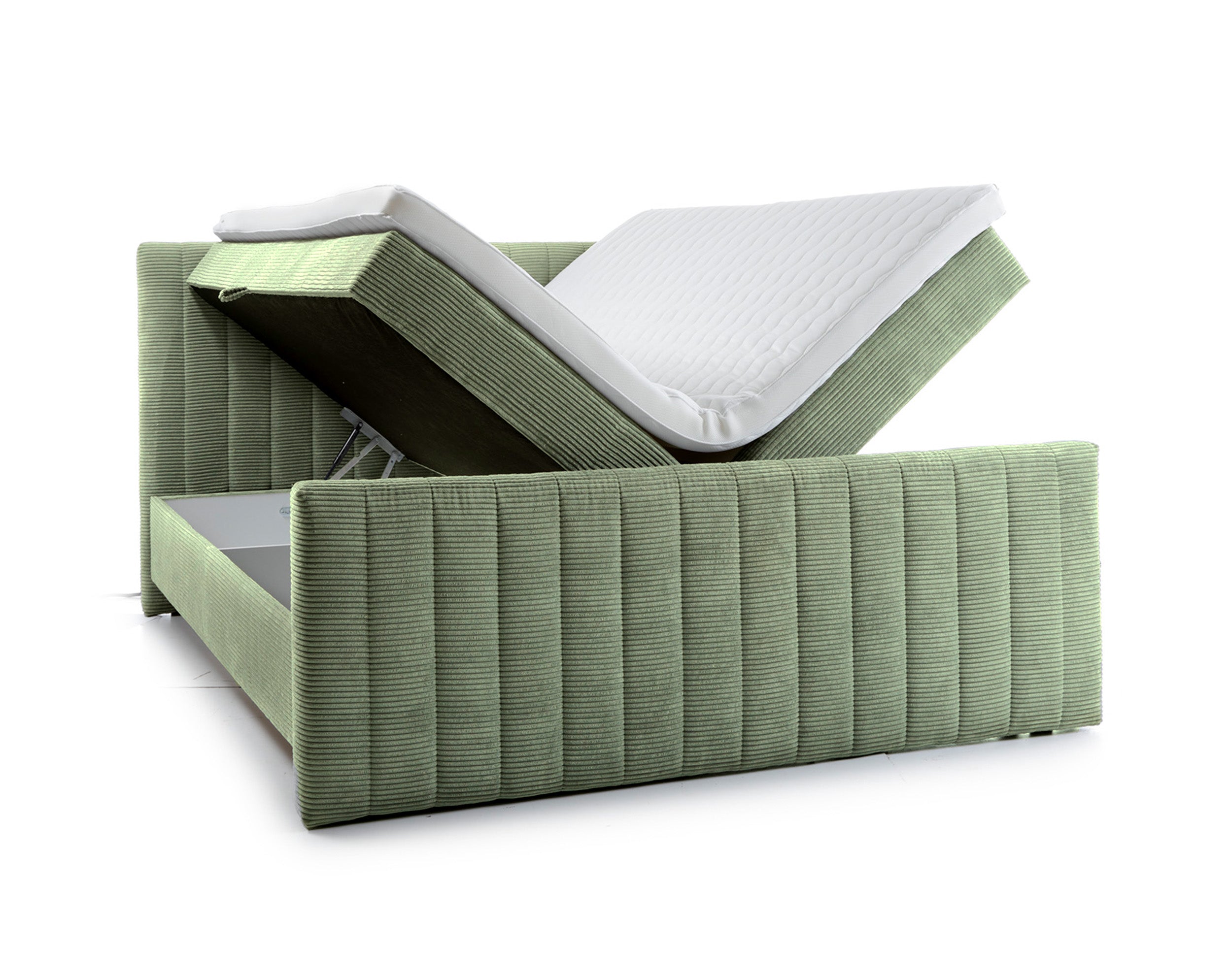 Kontinentalbett Lullabino 160x200 cm mit Stauraum und Topper, Salbeigrüner Cord