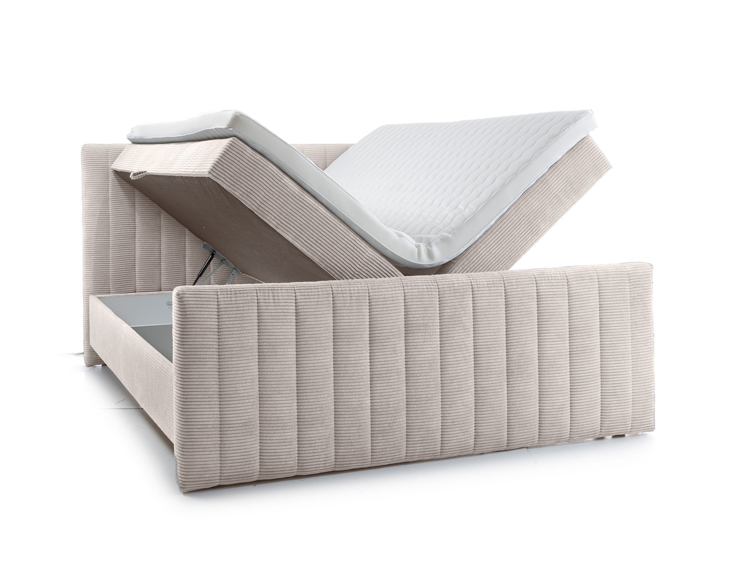 Kontinentales Bett Lullabino 160x200 cm mit Stauraum und Topper, hellbeiger Cordstoff