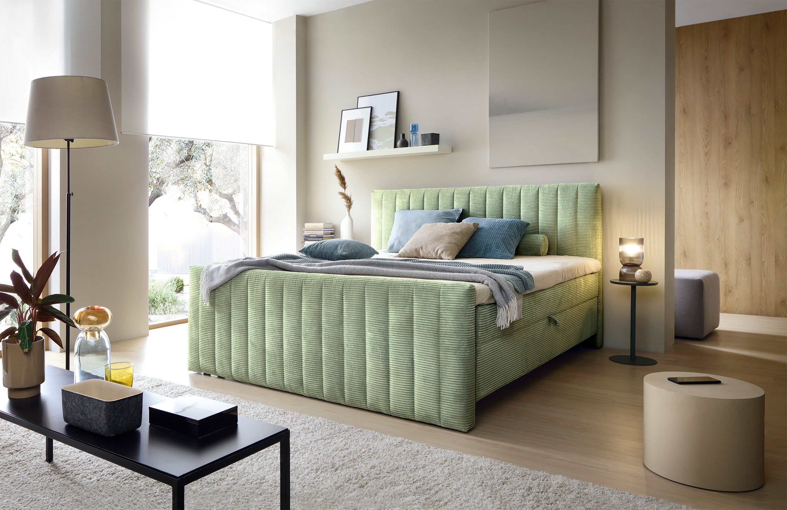 Kontinentalbett Lullabino 160x200 cm mit Stauraum und Topper, Salbeigrüner Cord