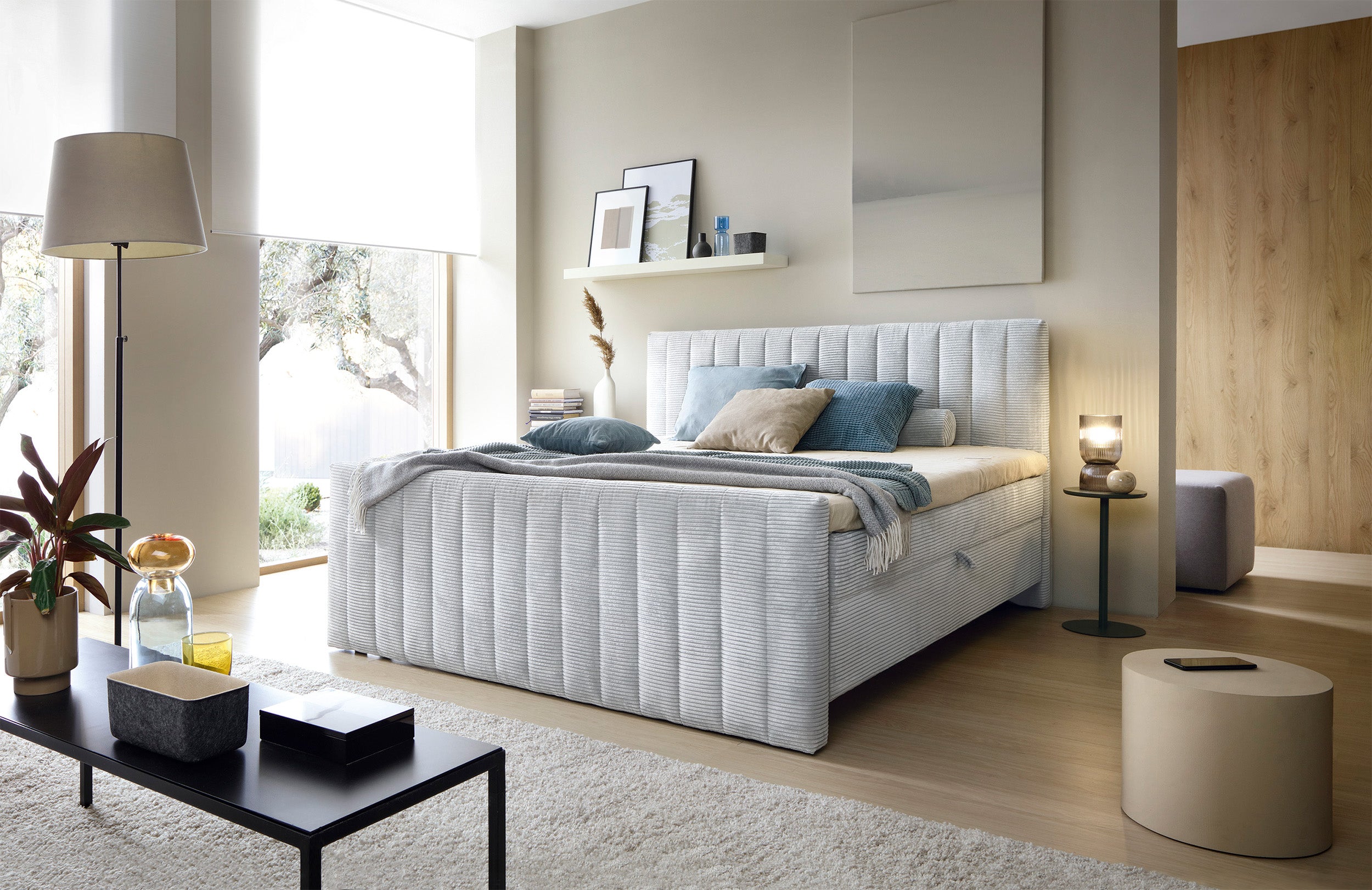 Kontinentalbett Lullabino 160x200 cm mit Stauraum und Topper, hellgrauer Cordstoff