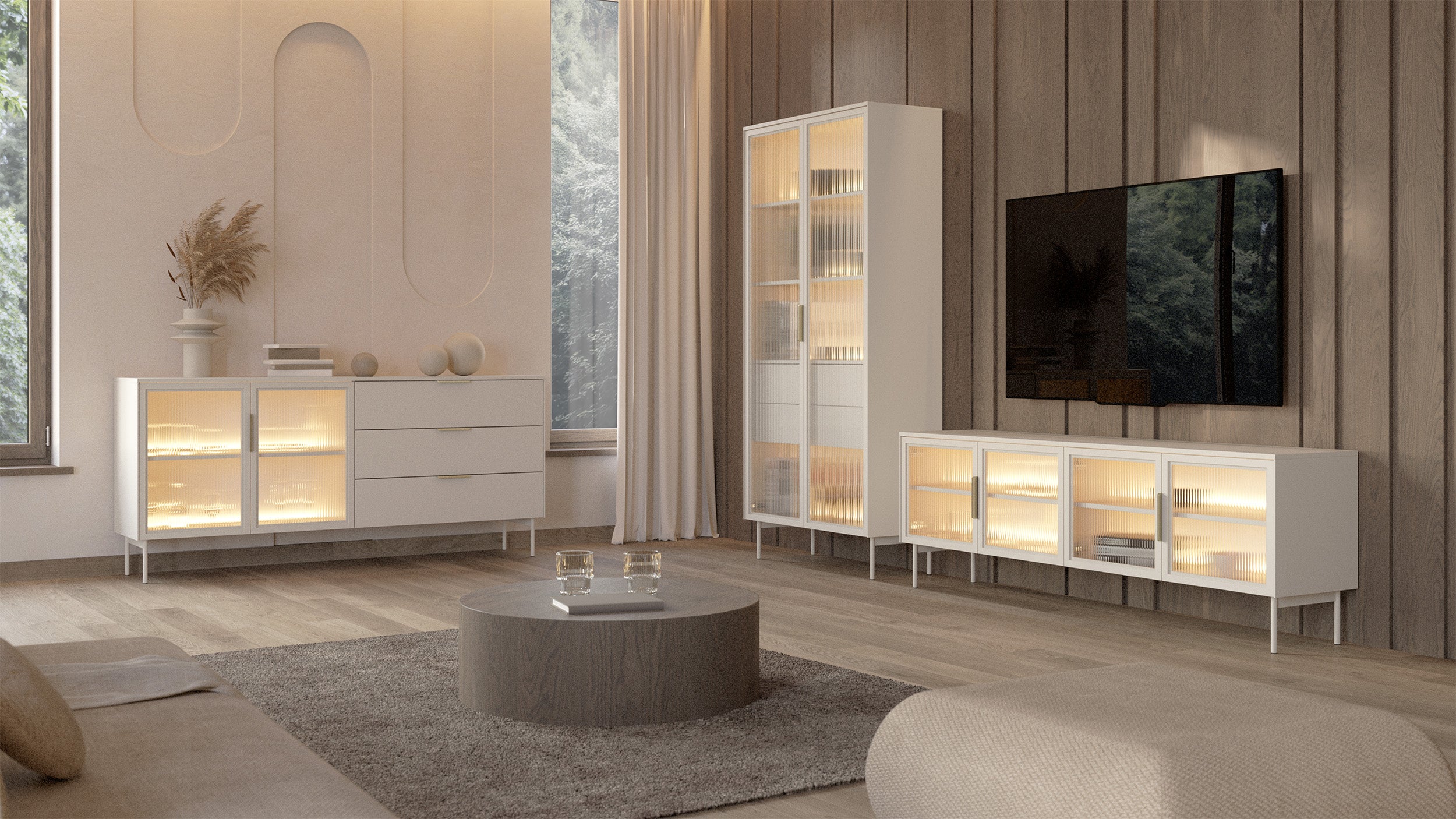 Zweiflügelige Vitrine Lumi mit zwei Schubladen und LED-Beleuchtung, 91 cm, Kaschmir