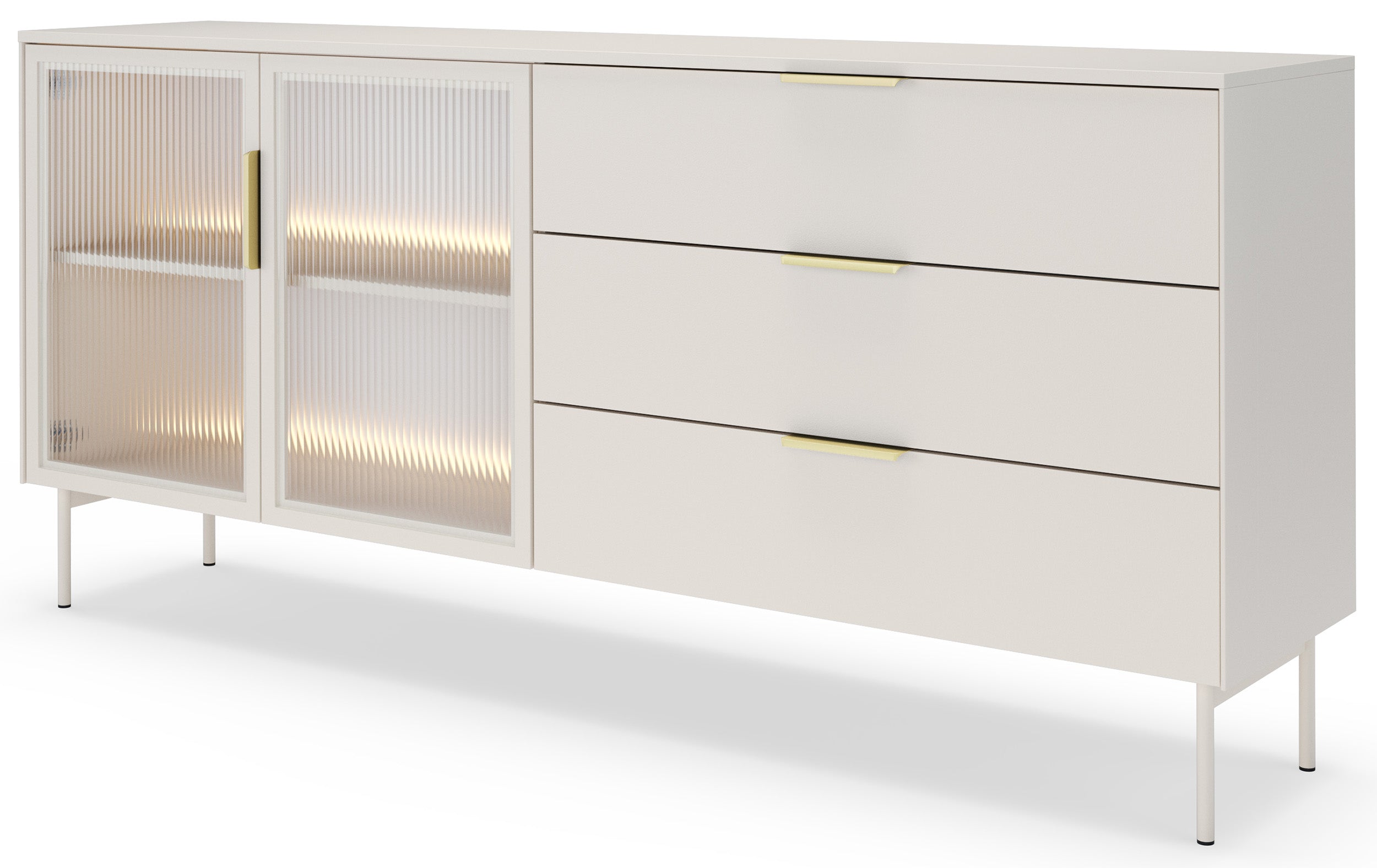 Zweiturige Vitrine Lumi mit drei Schubladen und LED-Beleuchtung, 181 cm, Kaschmir